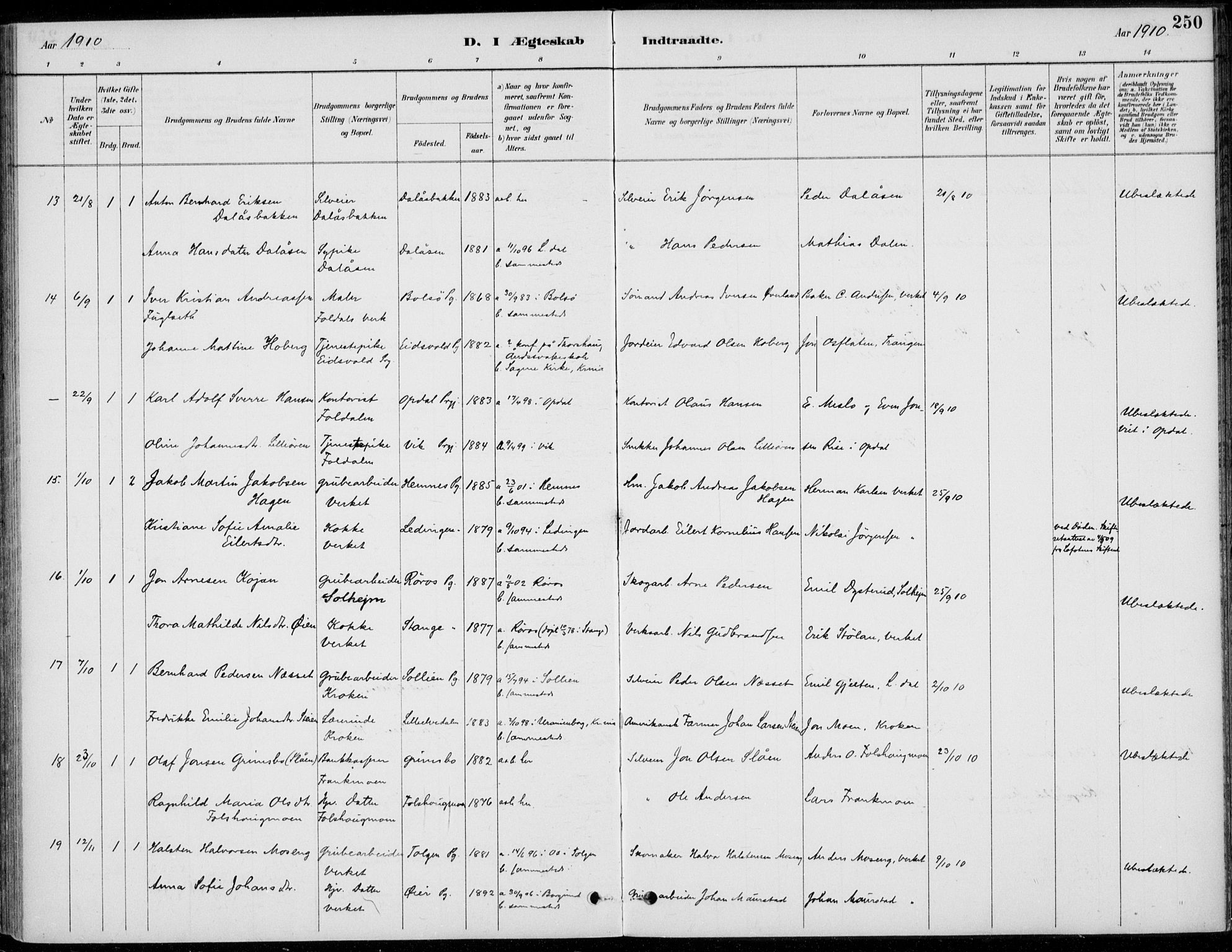 Alvdal prestekontor, AV/SAH-PREST-060/H/Ha/Haa/L0003: Parish register (official) no. 3, 1886-1912, p. 250