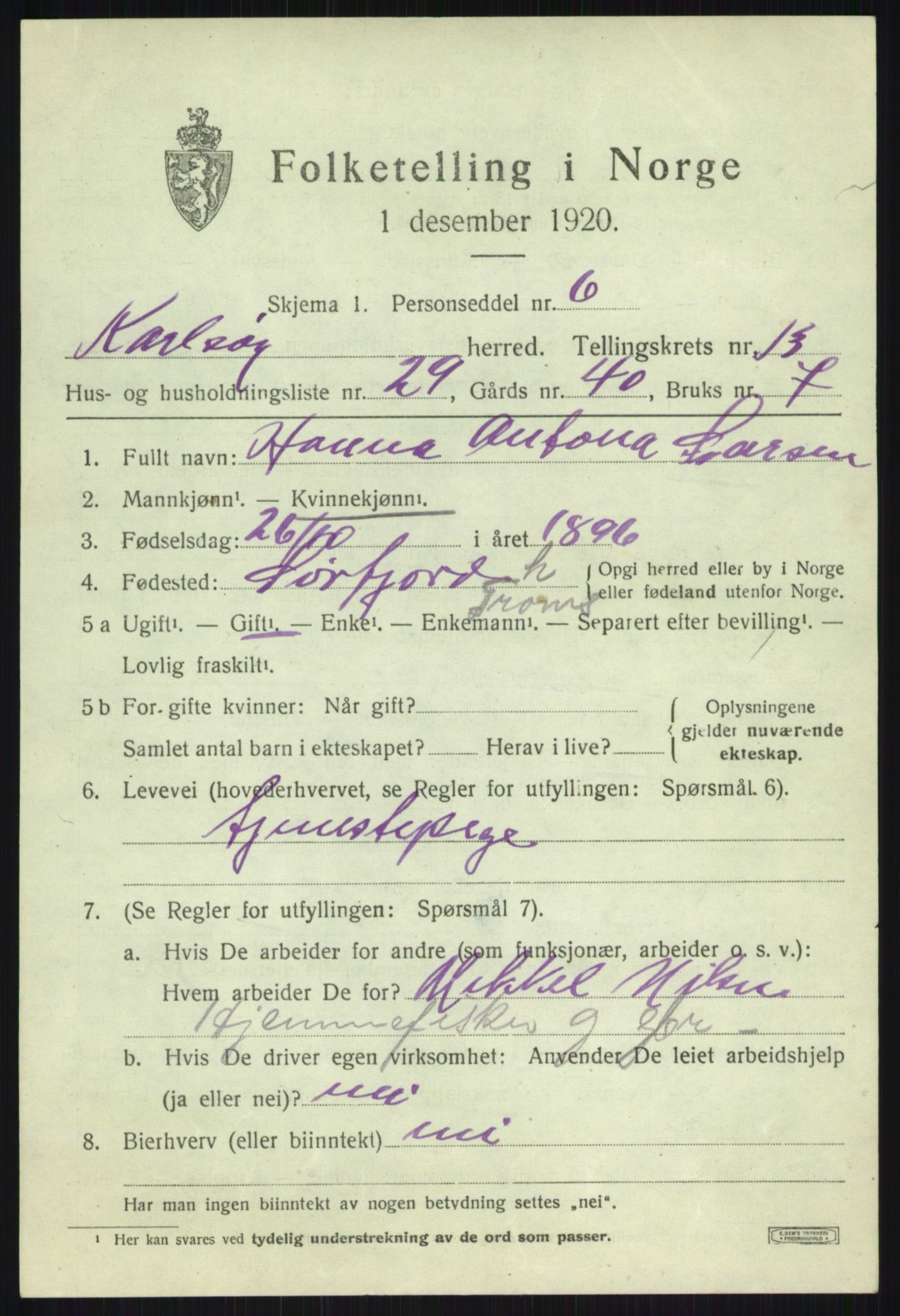 SATØ, 1920 census for Karlsøy, 1920, p. 5090