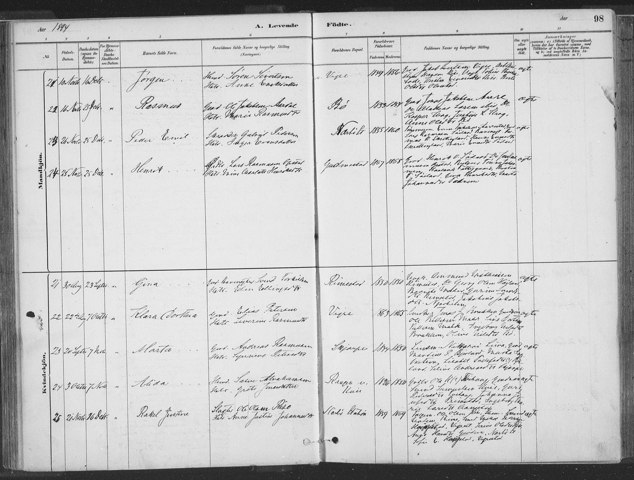 Hå sokneprestkontor, SAST/A-101801/001/30BA/L0010: Parish register (official) no. A 9, 1879-1896, p. 98