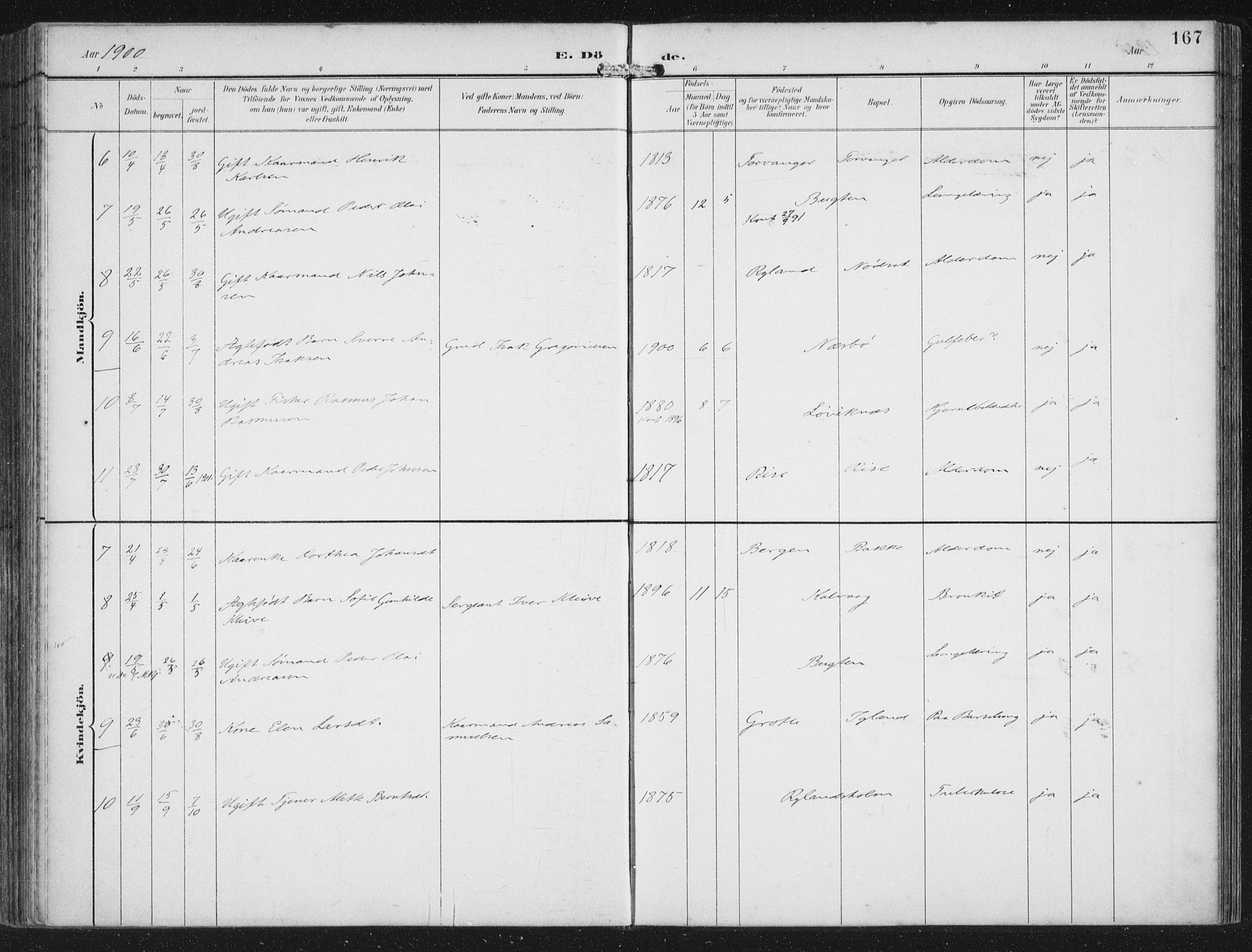 Bremanger sokneprestembete, AV/SAB-A-82201/H/Haa/Haab/L0002: Parish register (official) no. B  2, 1896-1908, p. 167