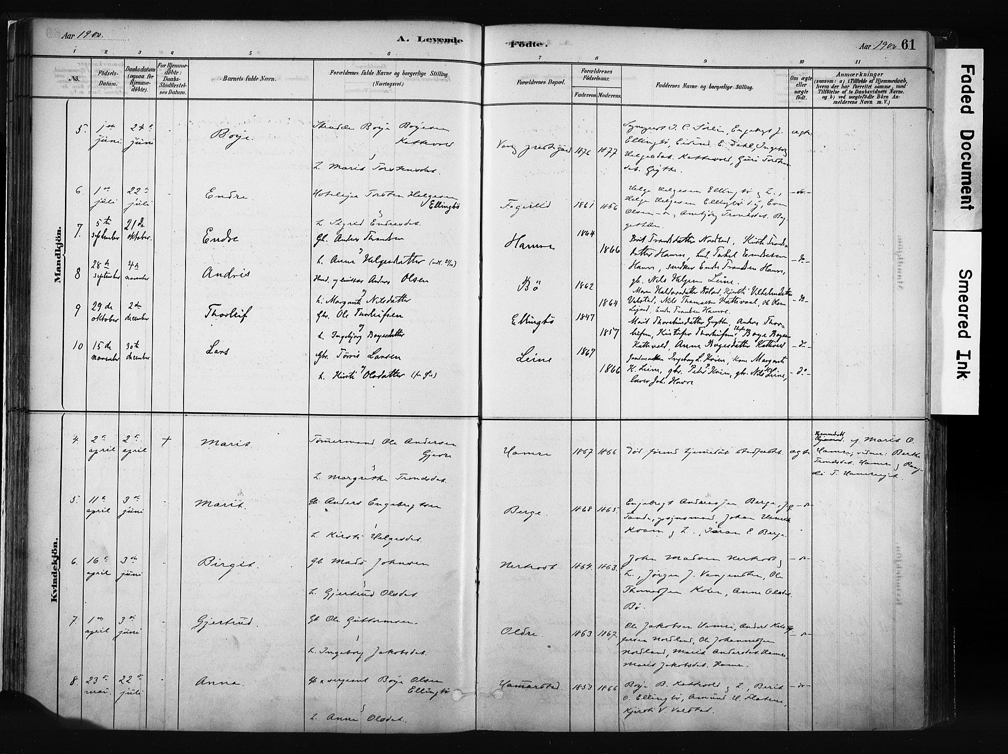Vang prestekontor, Valdres, SAH/PREST-140/H/Ha/L0008: Parish register (official) no. 8, 1882-1910, p. 61