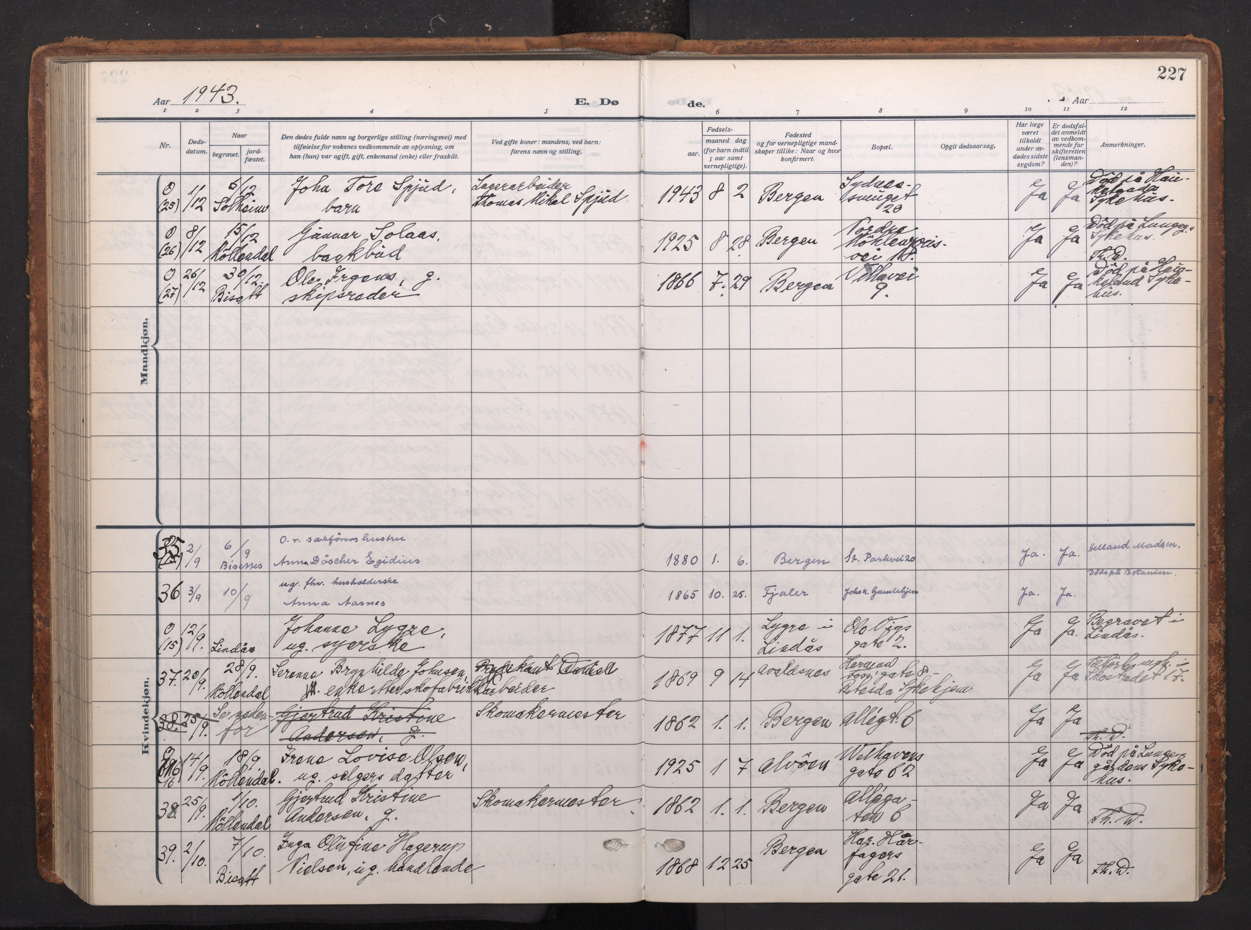 Johanneskirken sokneprestembete, AV/SAB-A-76001/H/Haa/L0020: Parish register (official) no. E 2, 1916-1951, p. 227