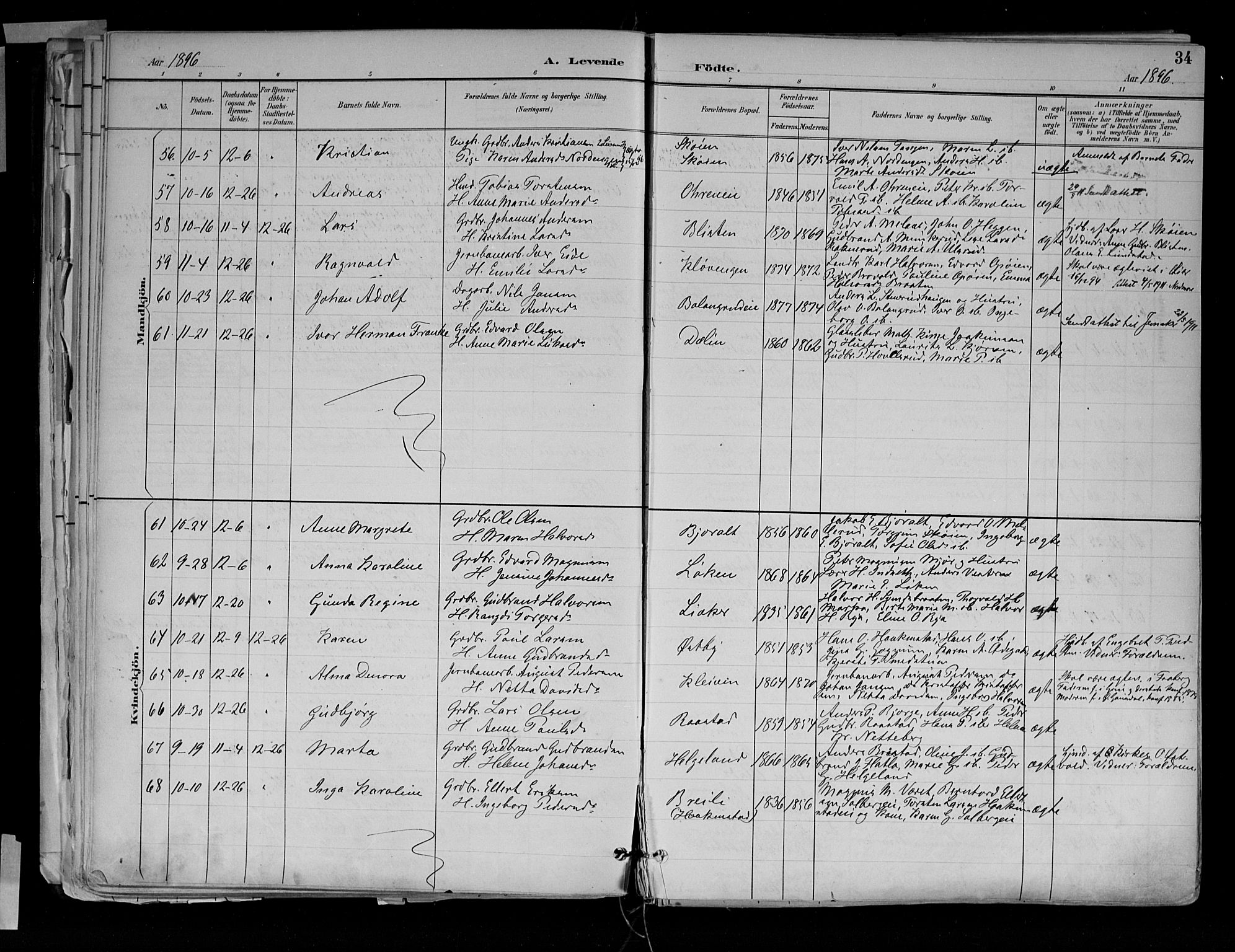 Jevnaker prestekontor, SAH/PREST-116/H/Ha/Haa/L0010: Parish register (official) no. 10, 1891-1906, p. 34