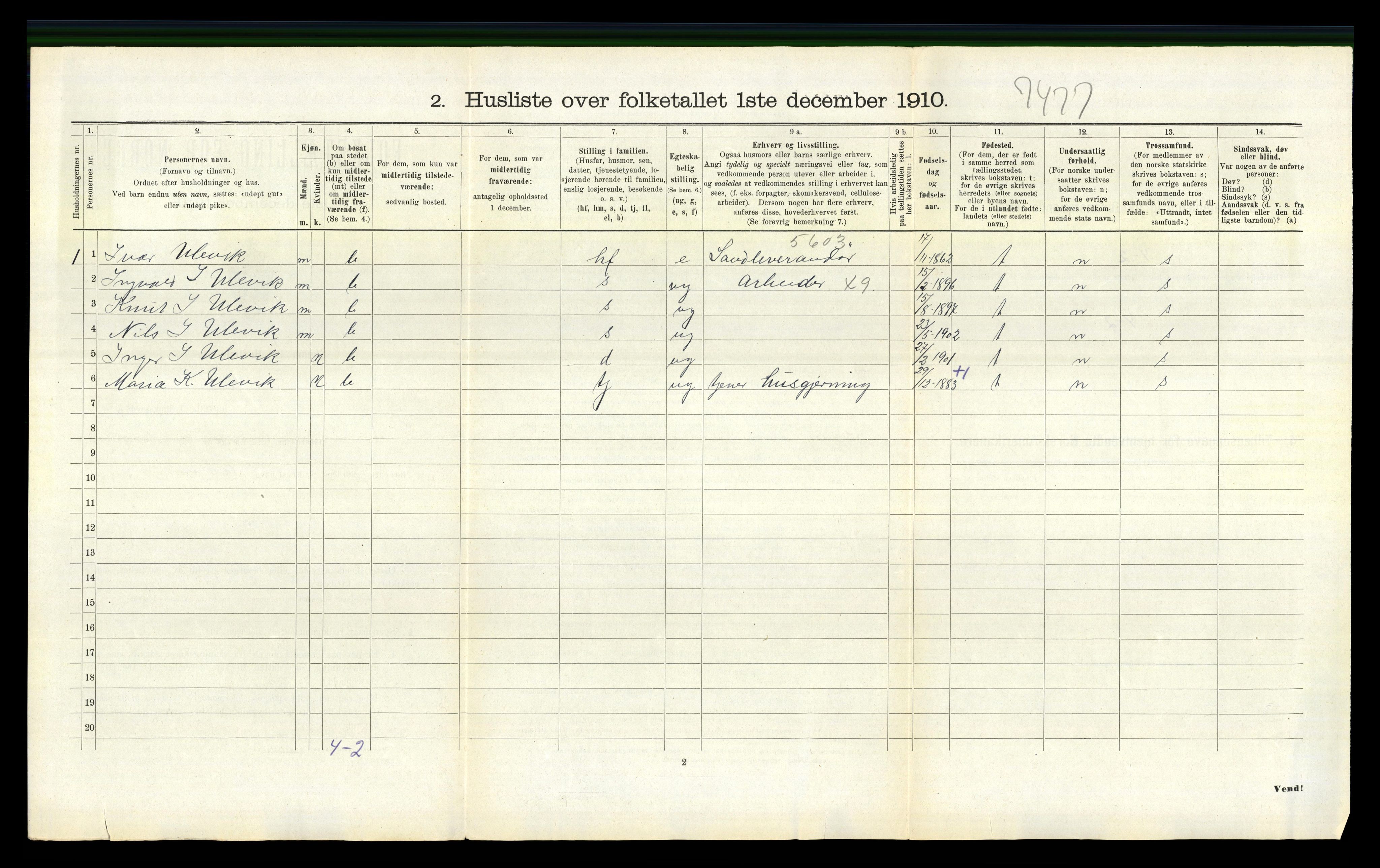 RA, 1910 census for Bruvik, 1910, p. 913