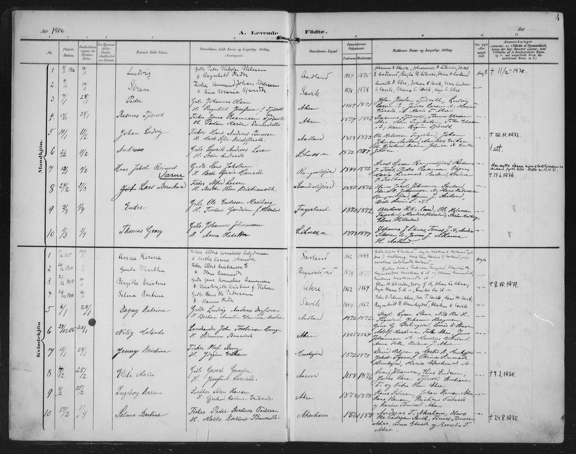 Kopervik sokneprestkontor, AV/SAST-A-101850/H/Ha/Haa/L0005: Parish register (official) no. A 5, 1906-1924, p. 4