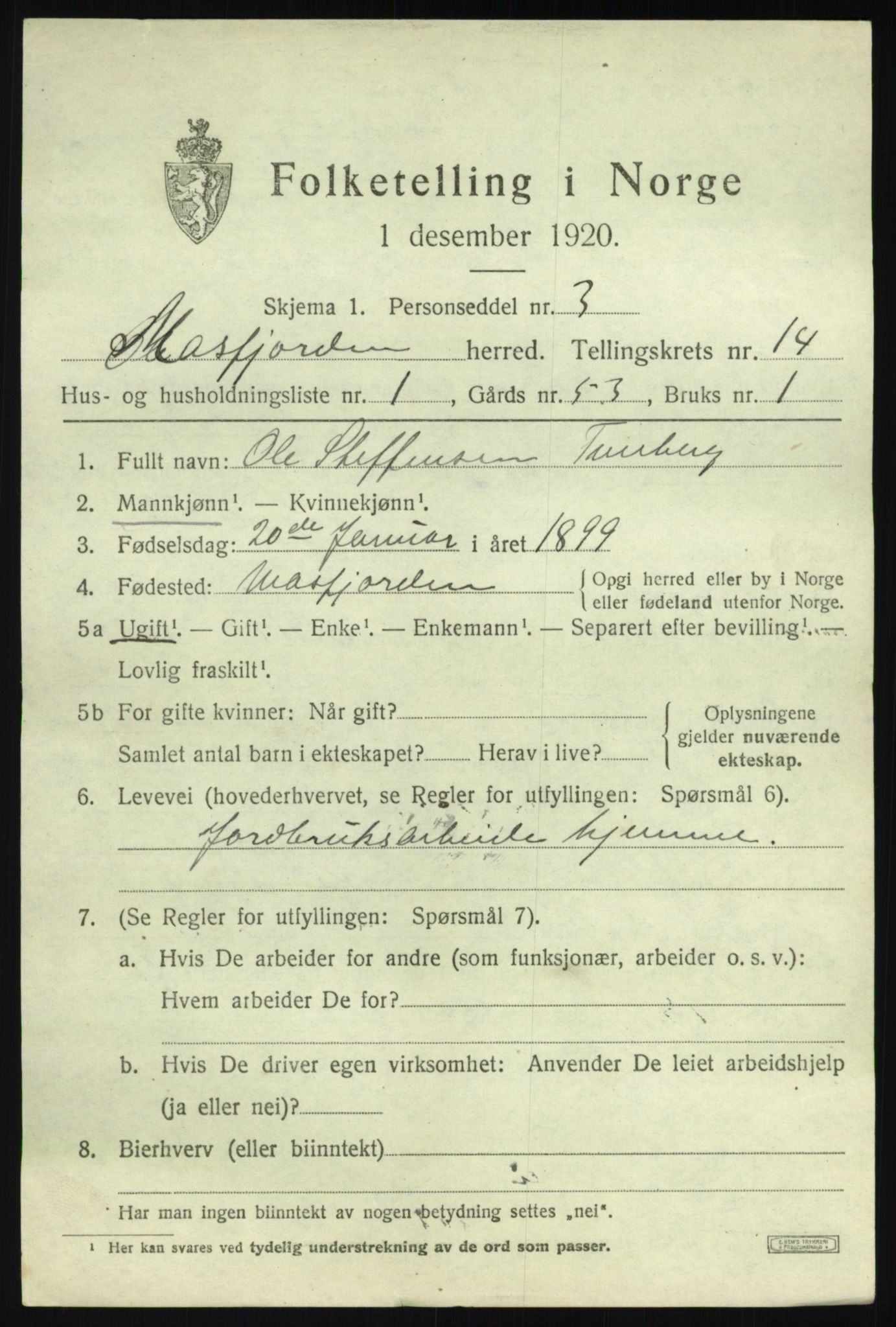 SAB, 1920 census for Masfjorden, 1920, p. 5105