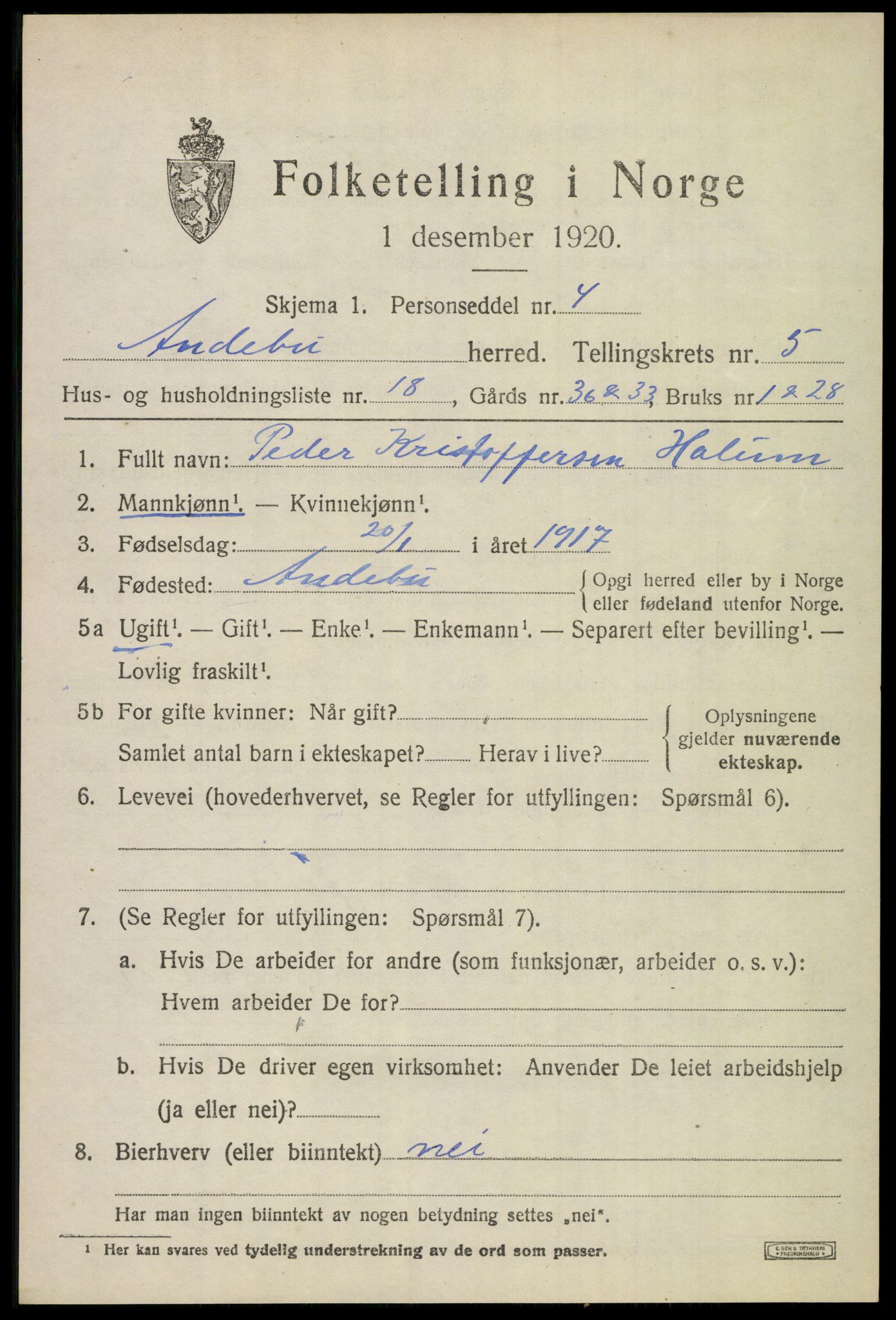 SAKO, 1920 census for Andebu, 1920, p. 2798