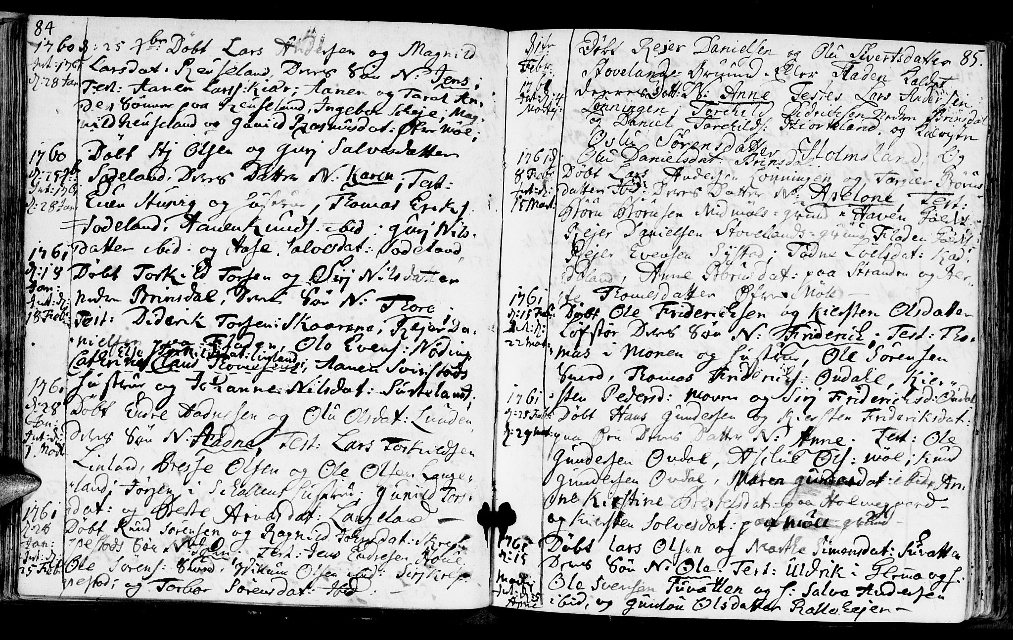 Holum sokneprestkontor, SAK/1111-0022/F/Fa/Faa/L0002: Parish register (official) no. A 2, 1756-1780, p. 84-85