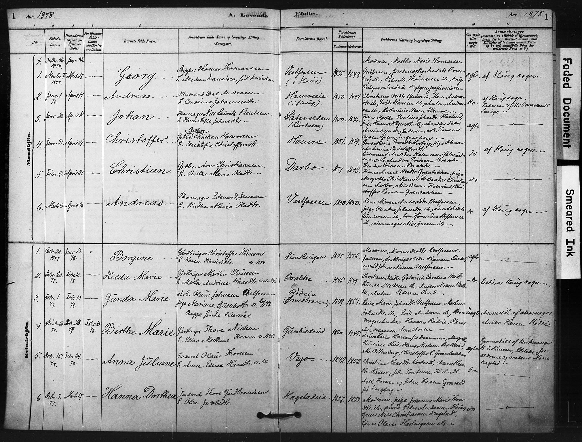 Fiskum kirkebøker, AV/SAKO-A-15/F/Fa/L0002: Parish register (official) no. 2, 1878-1890, p. 1