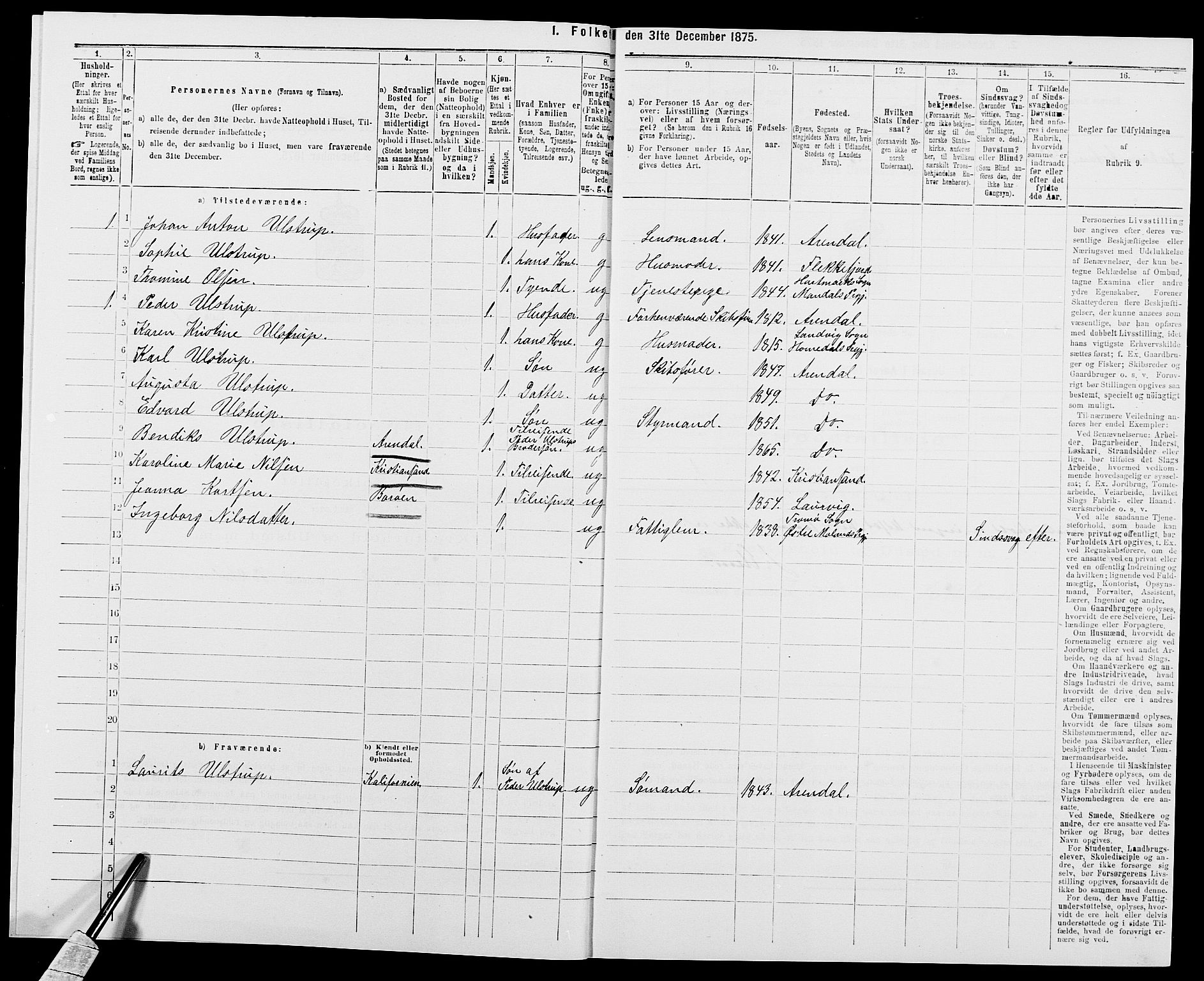 SAK, 1875 census for 0915P Dypvåg, 1875, p. 922