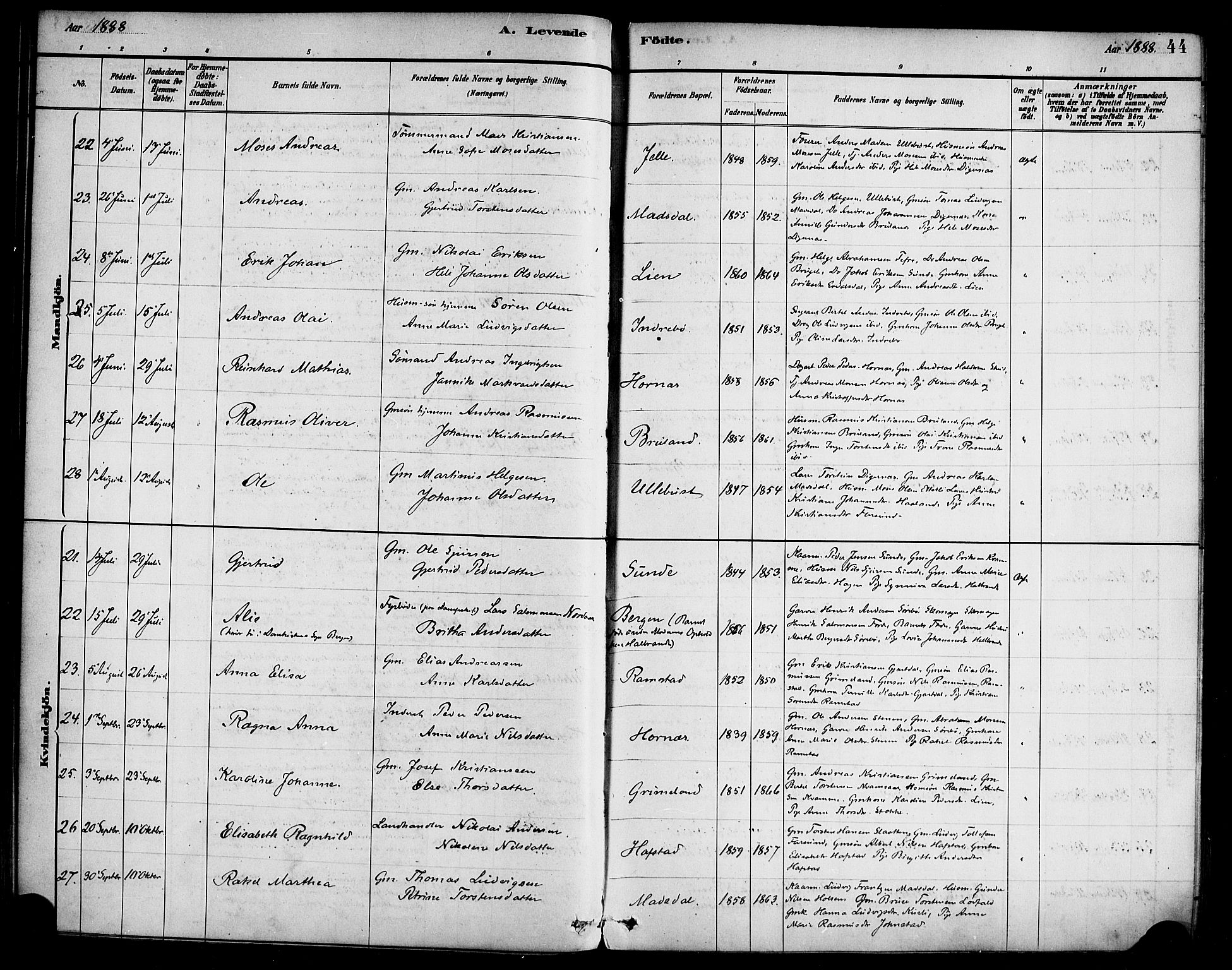 Førde sokneprestembete, AV/SAB-A-79901/H/Haa/Haab/L0001: Parish register (official) no. B 1, 1880-1898, p. 44