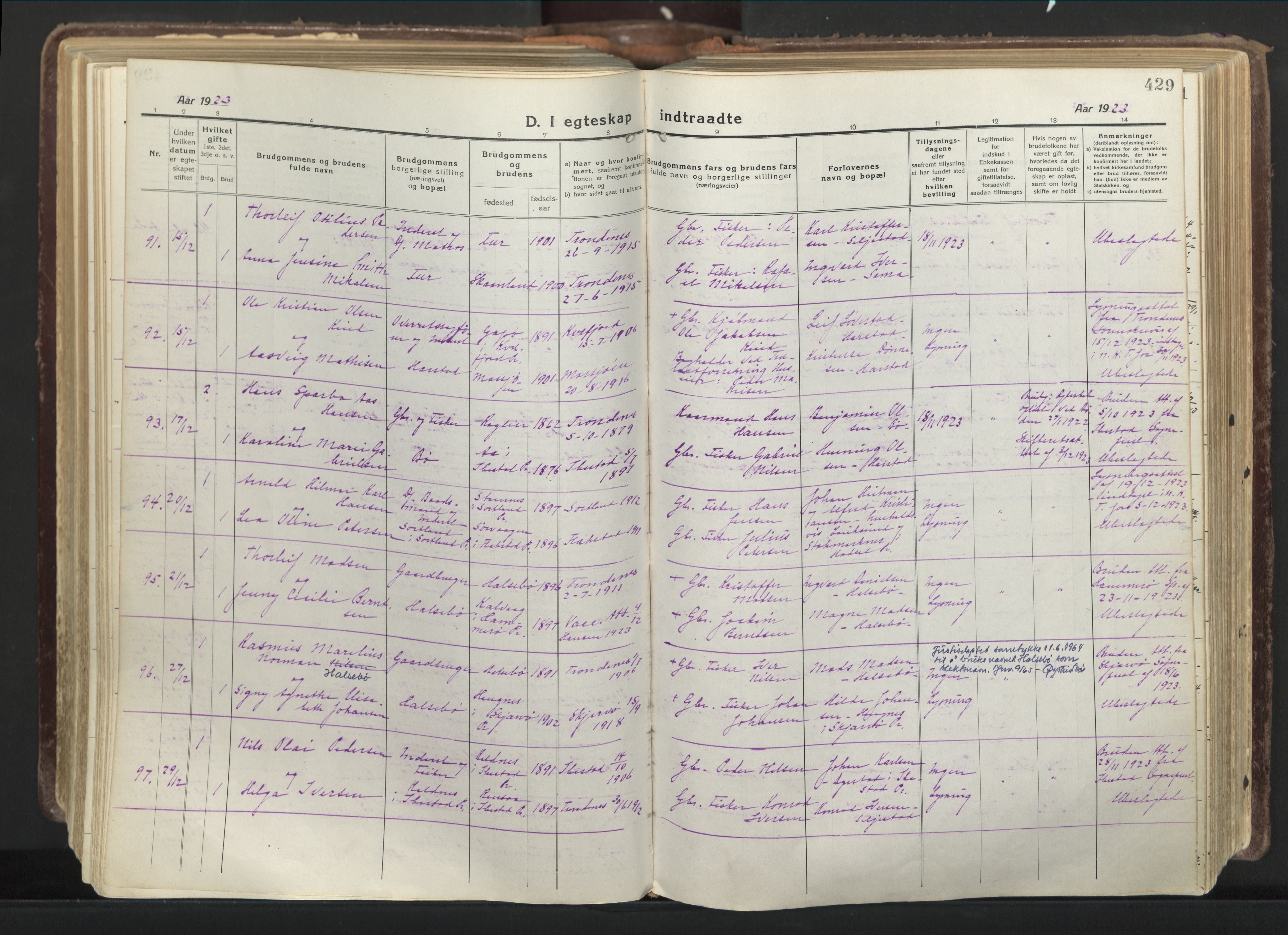 Trondenes sokneprestkontor, AV/SATØ-S-1319/H/Ha/L0019kirke: Parish register (official) no. 19, 1919-1928, p. 429