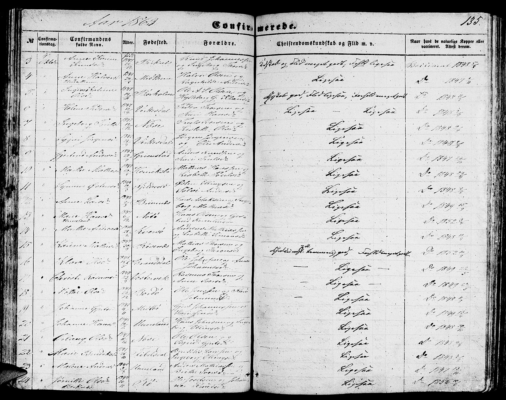 Gulen sokneprestembete, AV/SAB-A-80201/H/Hab/Habb/L0001: Parish register (copy) no. B 1, 1854-1866, p. 135