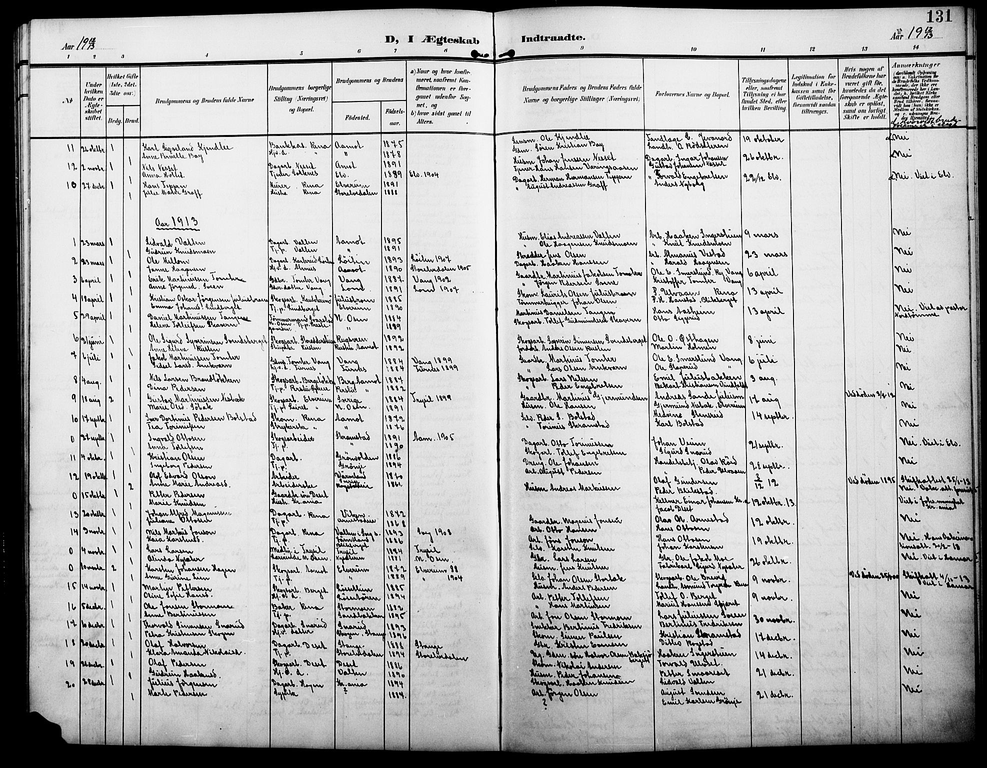 Åmot prestekontor, Hedmark, SAH/PREST-056/H/Ha/Hab/L0004: Parish register (copy) no. 4, 1905-1920, p. 131