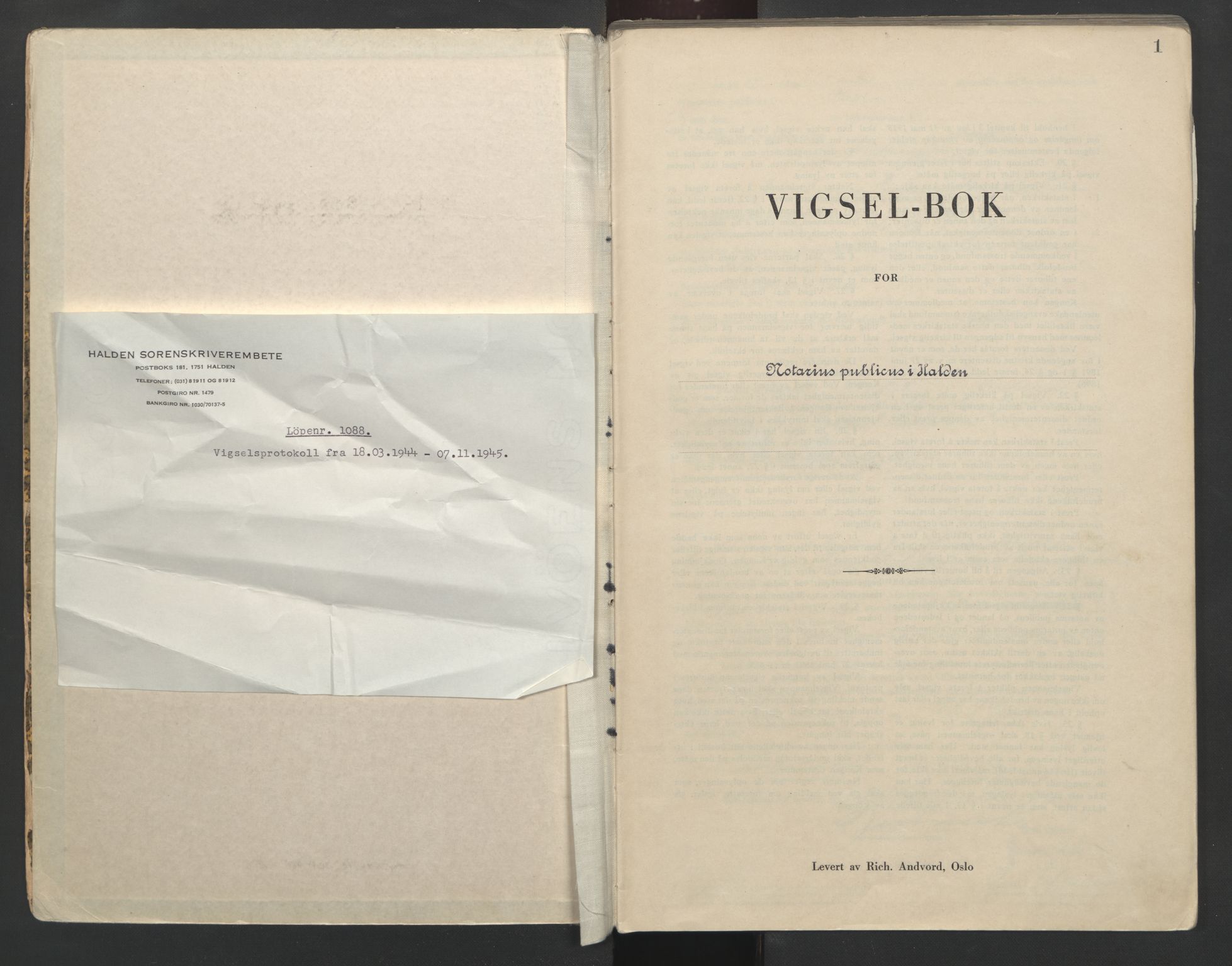 Idd og Marker sorenskriveri, SAO/A-10283/L/Lc/L0001/0003: Vigselsbøker / Vigselsbok, 1944-1945, p. 1