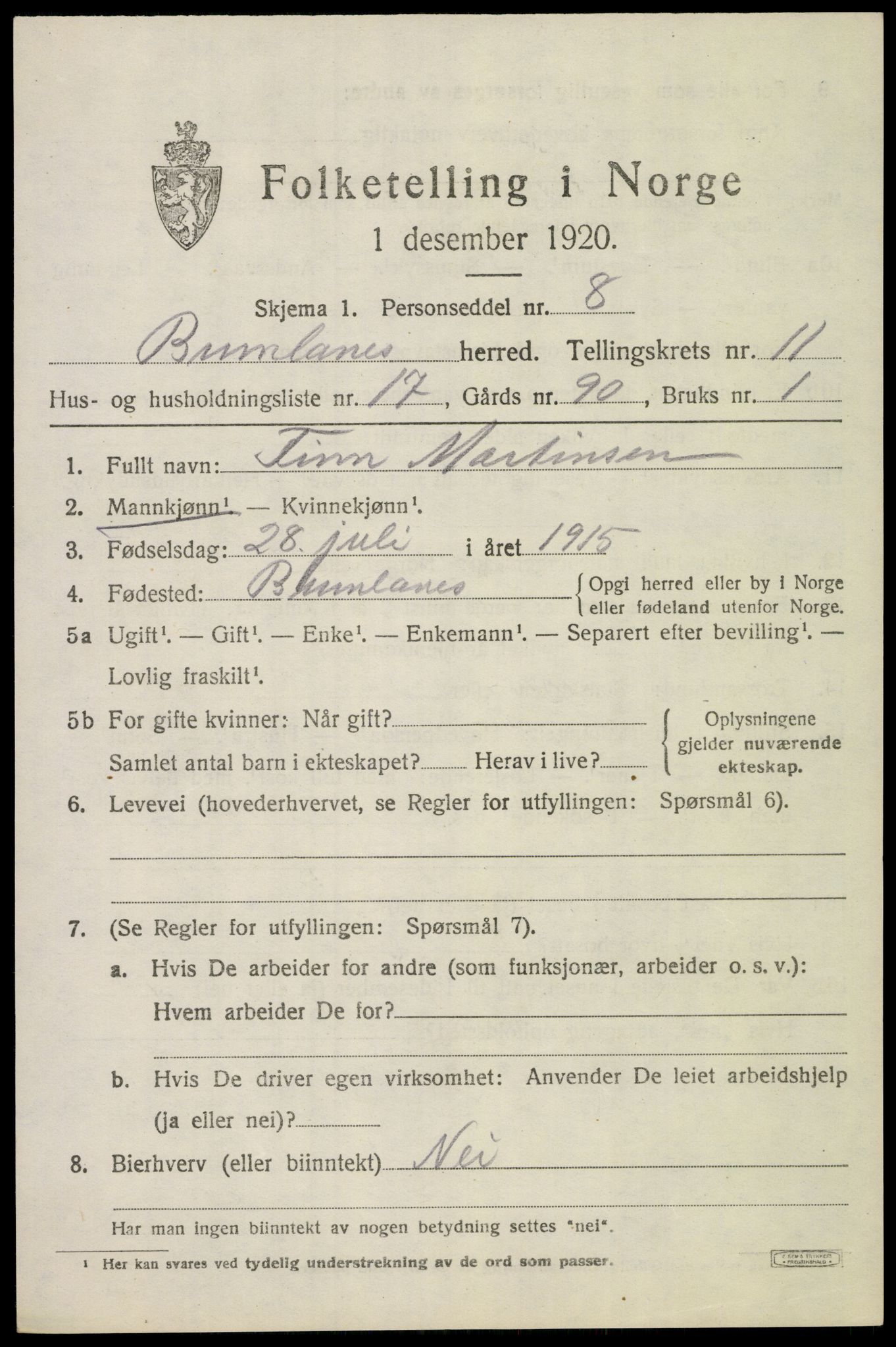 SAKO, 1920 census for Brunlanes, 1920, p. 9731