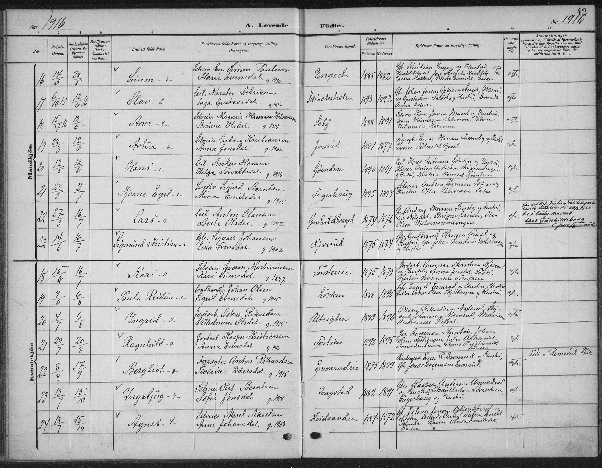 Romedal prestekontor, AV/SAH-PREST-004/K/L0009: Parish register (official) no. 9, 1906-1929, p. 42