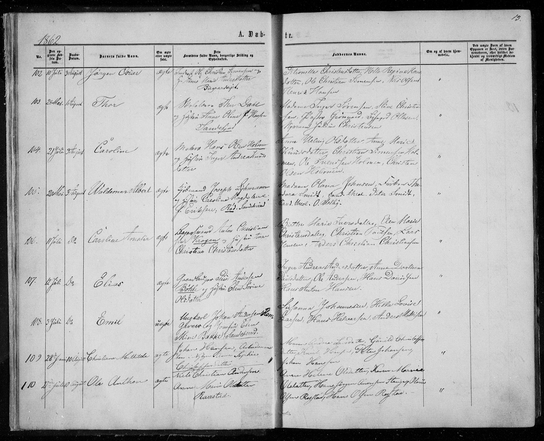 Sandar kirkebøker, SAKO/A-243/F/Fa/L0008: Parish register (official) no. 8, 1862-1871, p. 13