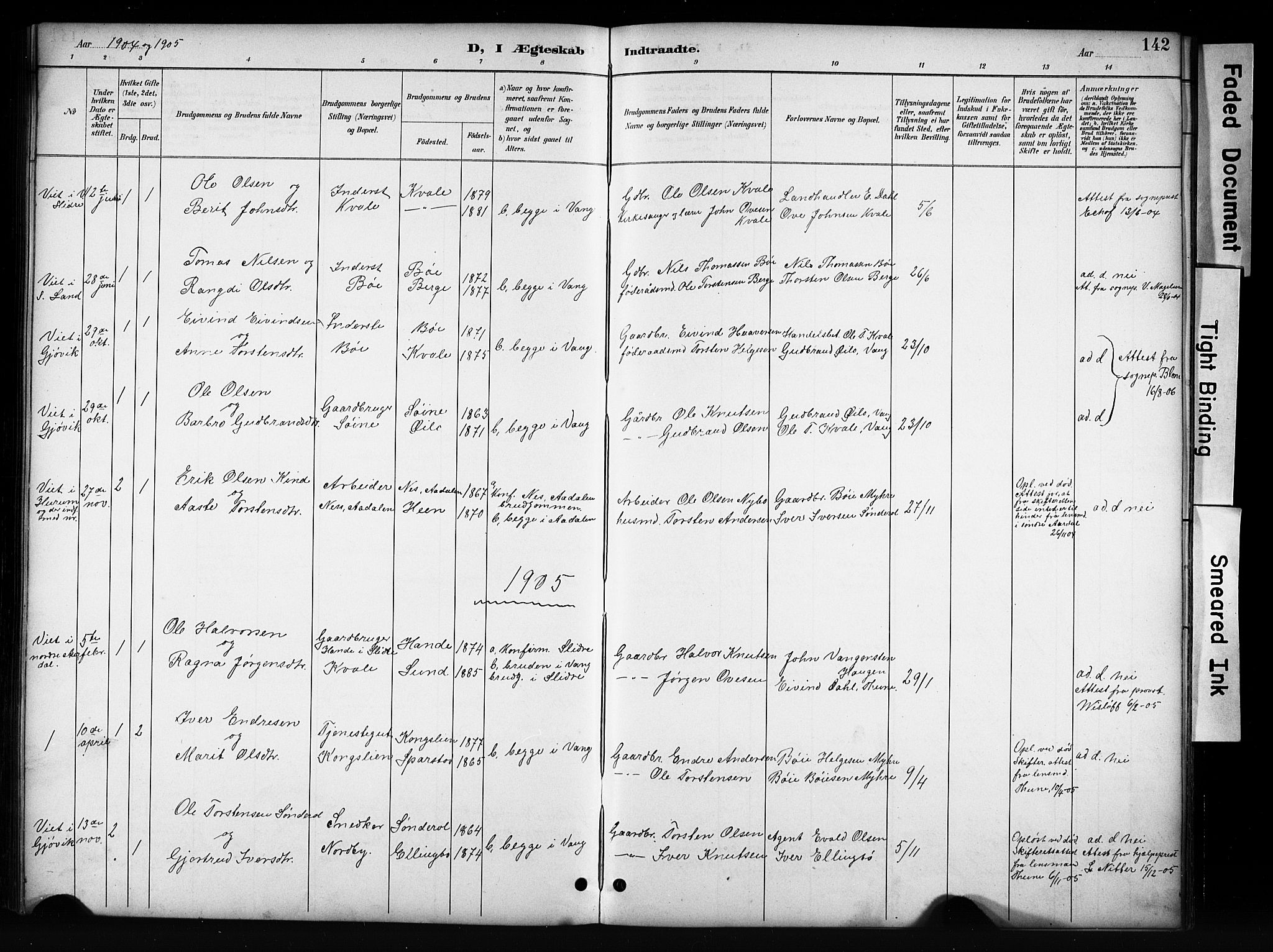 Vang prestekontor, Valdres, SAH/PREST-140/H/Hb/L0006: Parish register (copy) no. 6, 1893-1918, p. 142