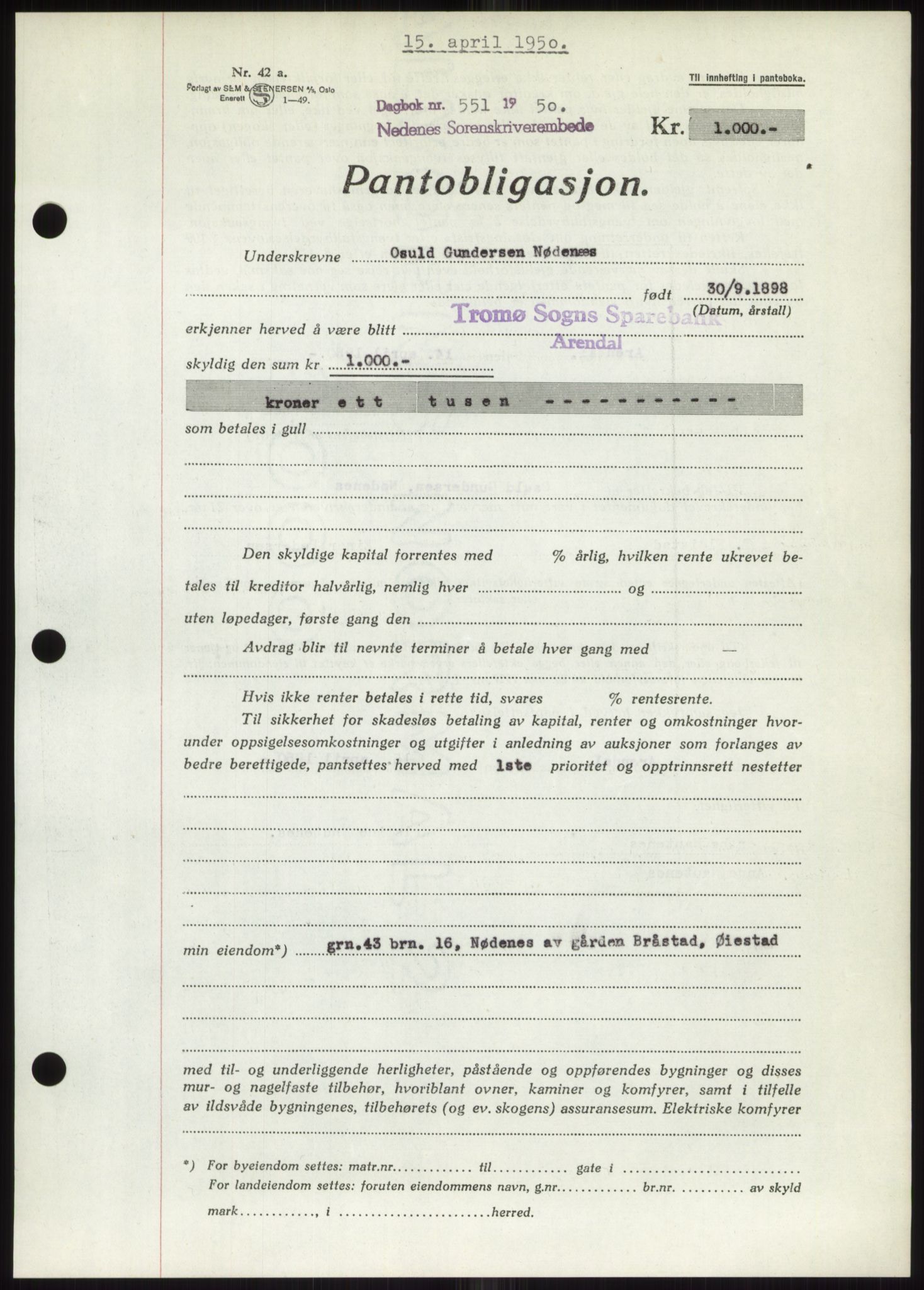 Nedenes sorenskriveri, AV/SAK-1221-0006/G/Gb/Gbb/L0007: Mortgage book no. B7, 1949-1950, Diary no: : 551/1950