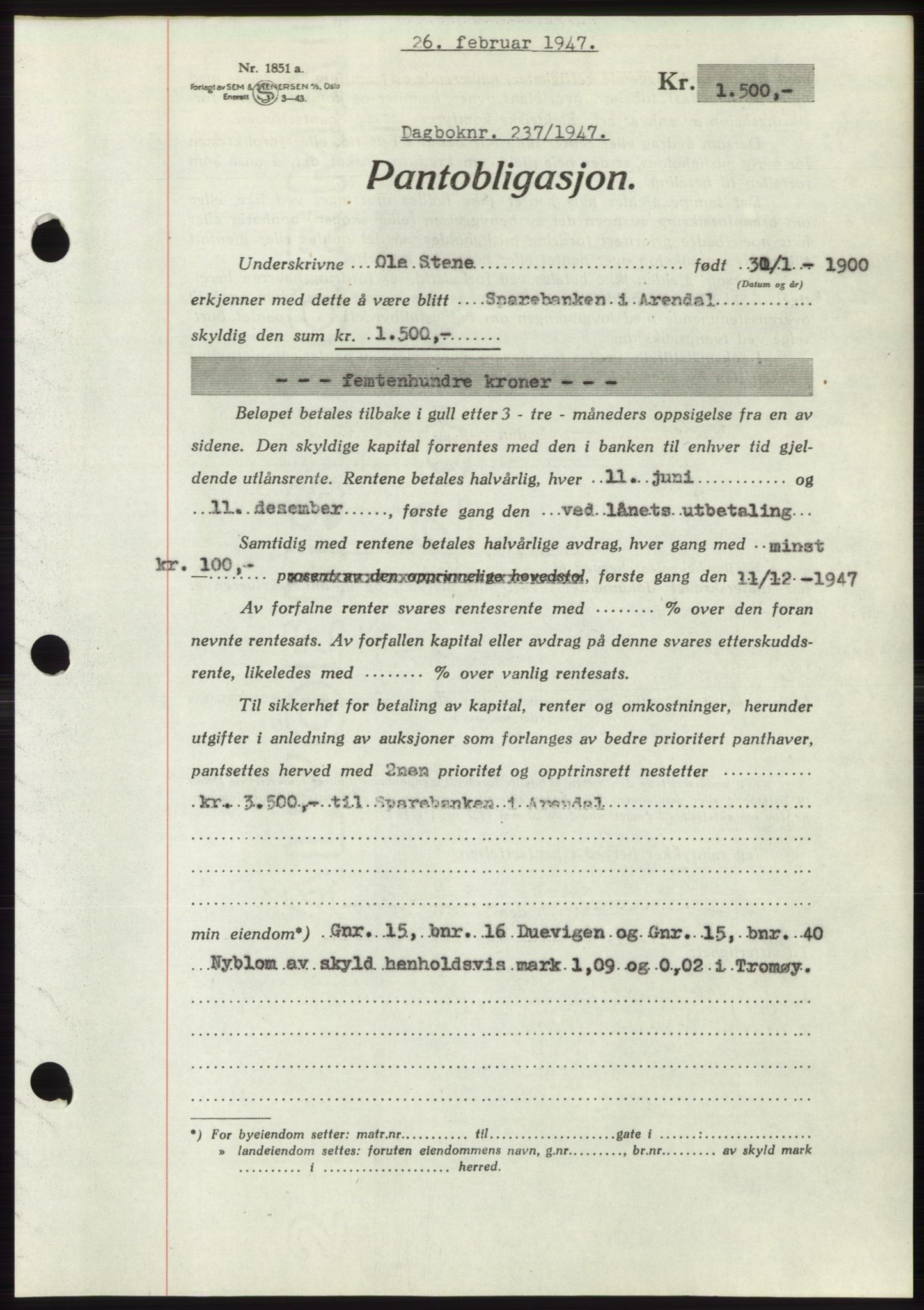 Nedenes sorenskriveri, AV/SAK-1221-0006/G/Gb/Gbb/L0004: Mortgage book no. B4, 1947-1947, Diary no: : 237/1947