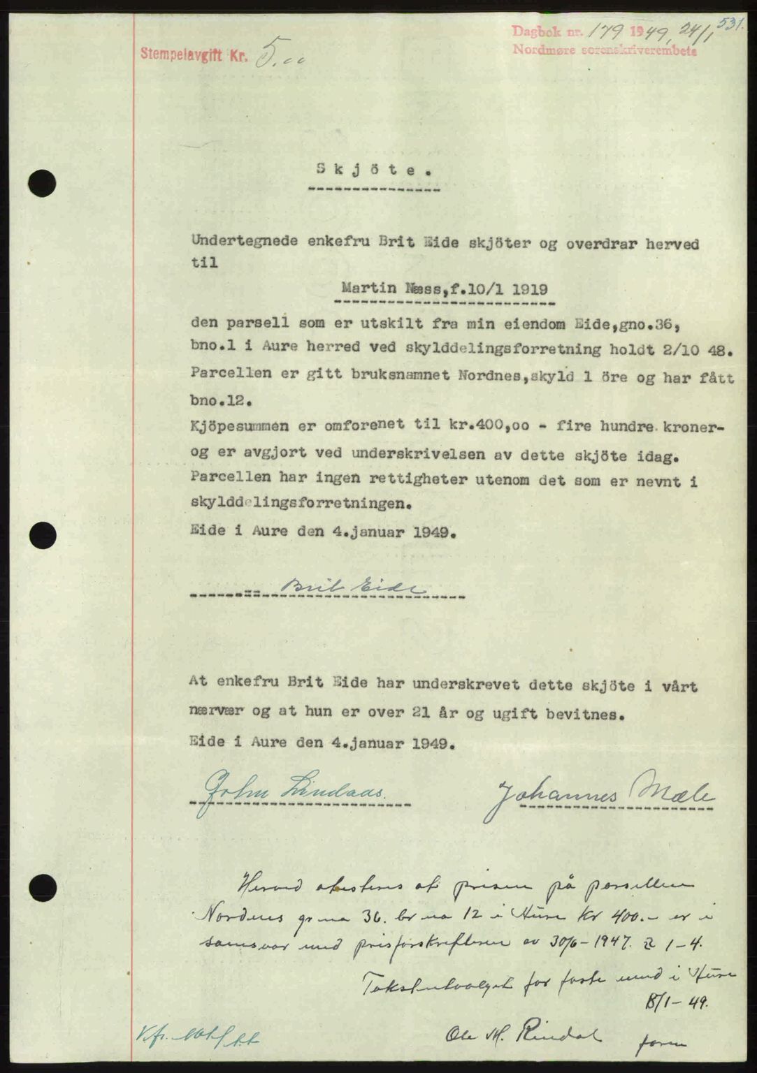 Nordmøre sorenskriveri, AV/SAT-A-4132/1/2/2Ca: Mortgage book no. A110, 1948-1949, Diary no: : 179/1949