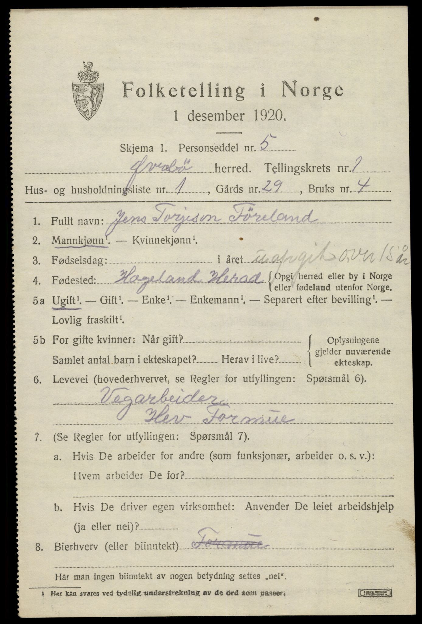 SAK, 1920 census for Øvrebø, 1920, p. 392