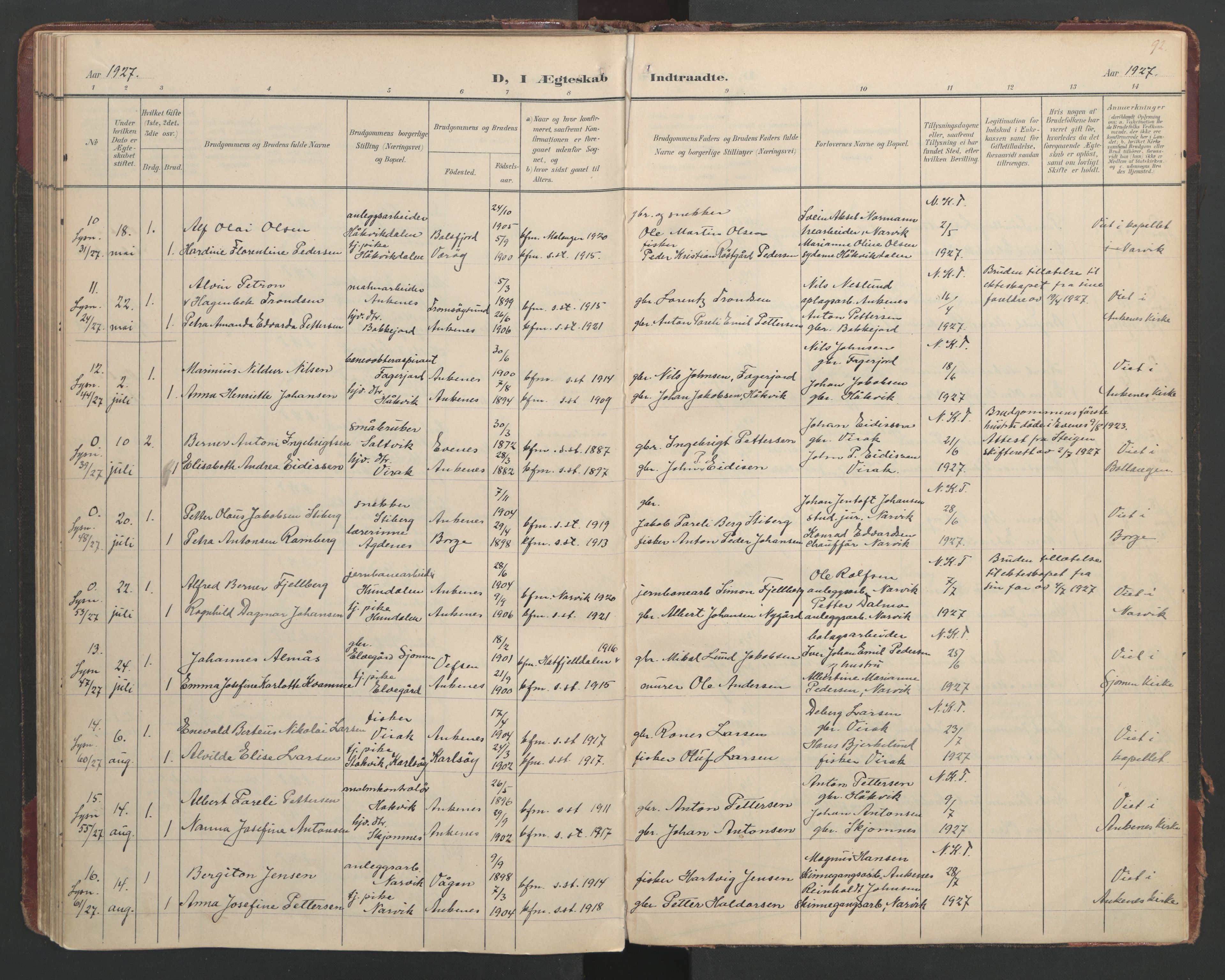 Ministerialprotokoller, klokkerbøker og fødselsregistre - Nordland, AV/SAT-A-1459/866/L0942: Parish register (official) no. 866A05, 1901-1928, p. 92