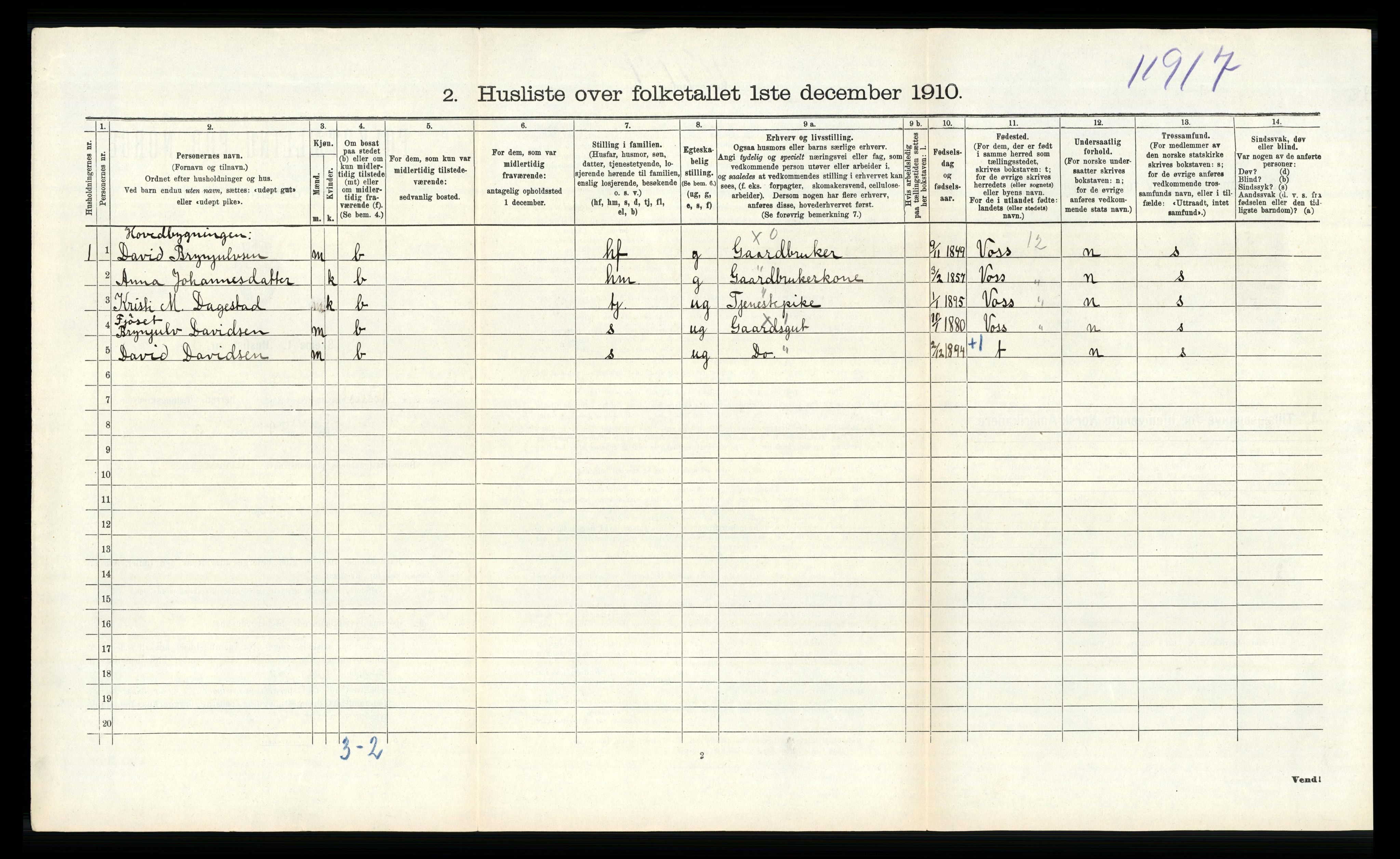 RA, 1910 census for Vossestrand, 1910, p. 210