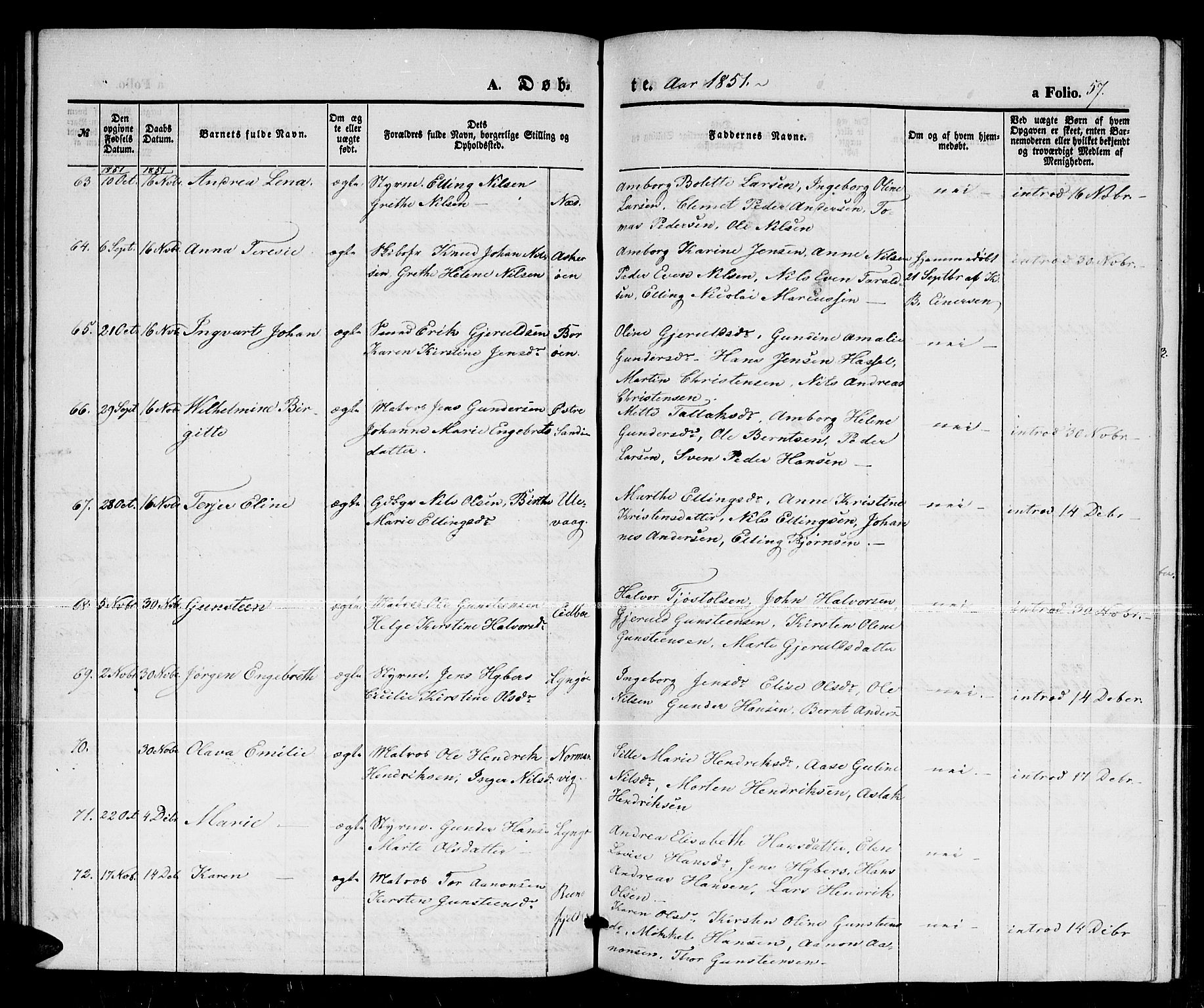 Dypvåg sokneprestkontor, AV/SAK-1111-0007/F/Fb/Fba/L0010: Parish register (copy) no. B 10, 1842-1857, p. 57