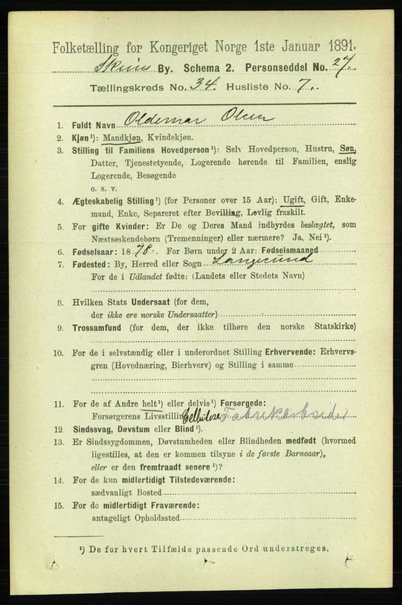 RA, 1891 census for 0806 Skien, 1891, p. 7808