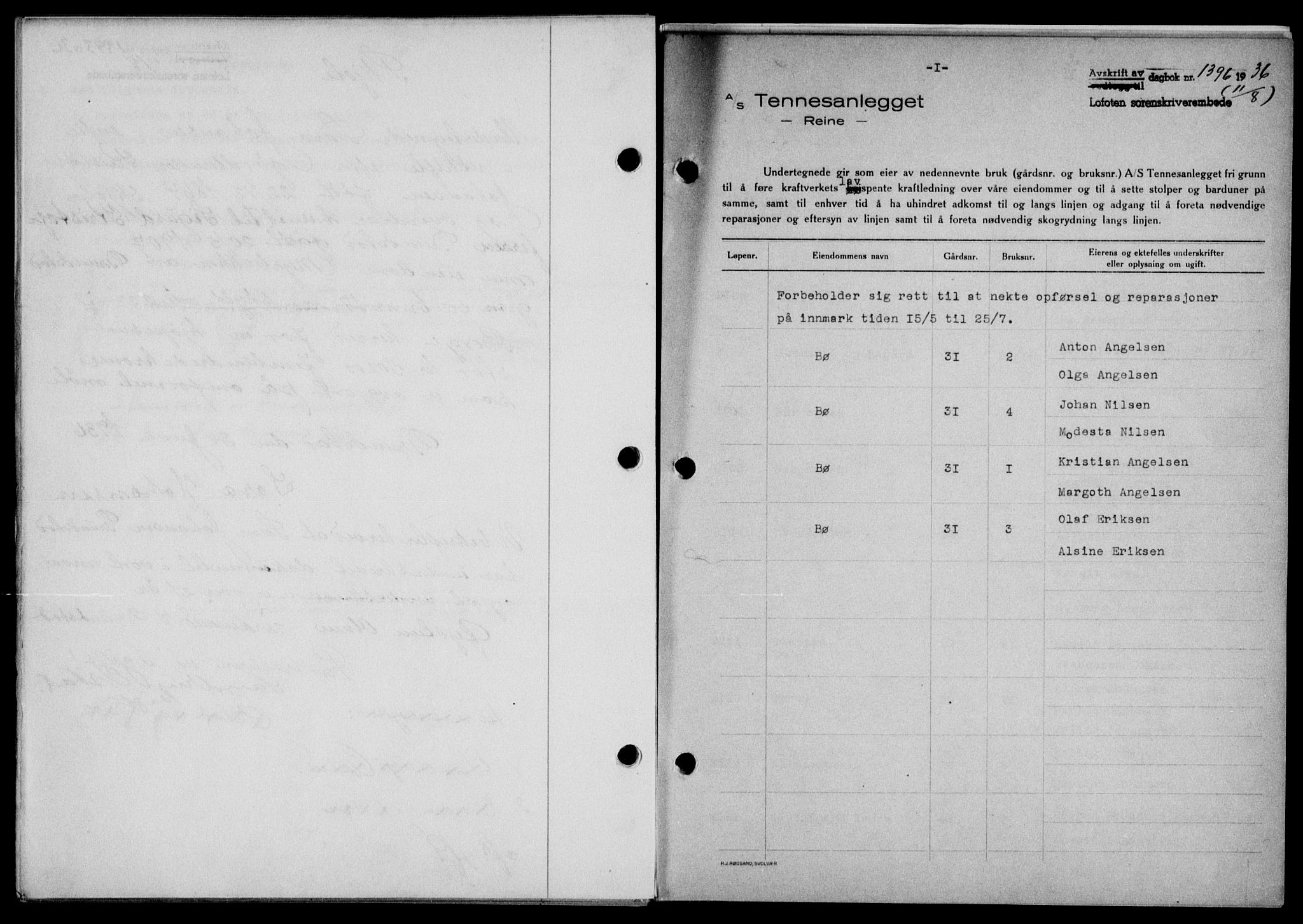 Lofoten sorenskriveri, SAT/A-0017/1/2/2C/L0001a: Mortgage book no. 1a, 1936-1937, Diary no: : 1396/1936