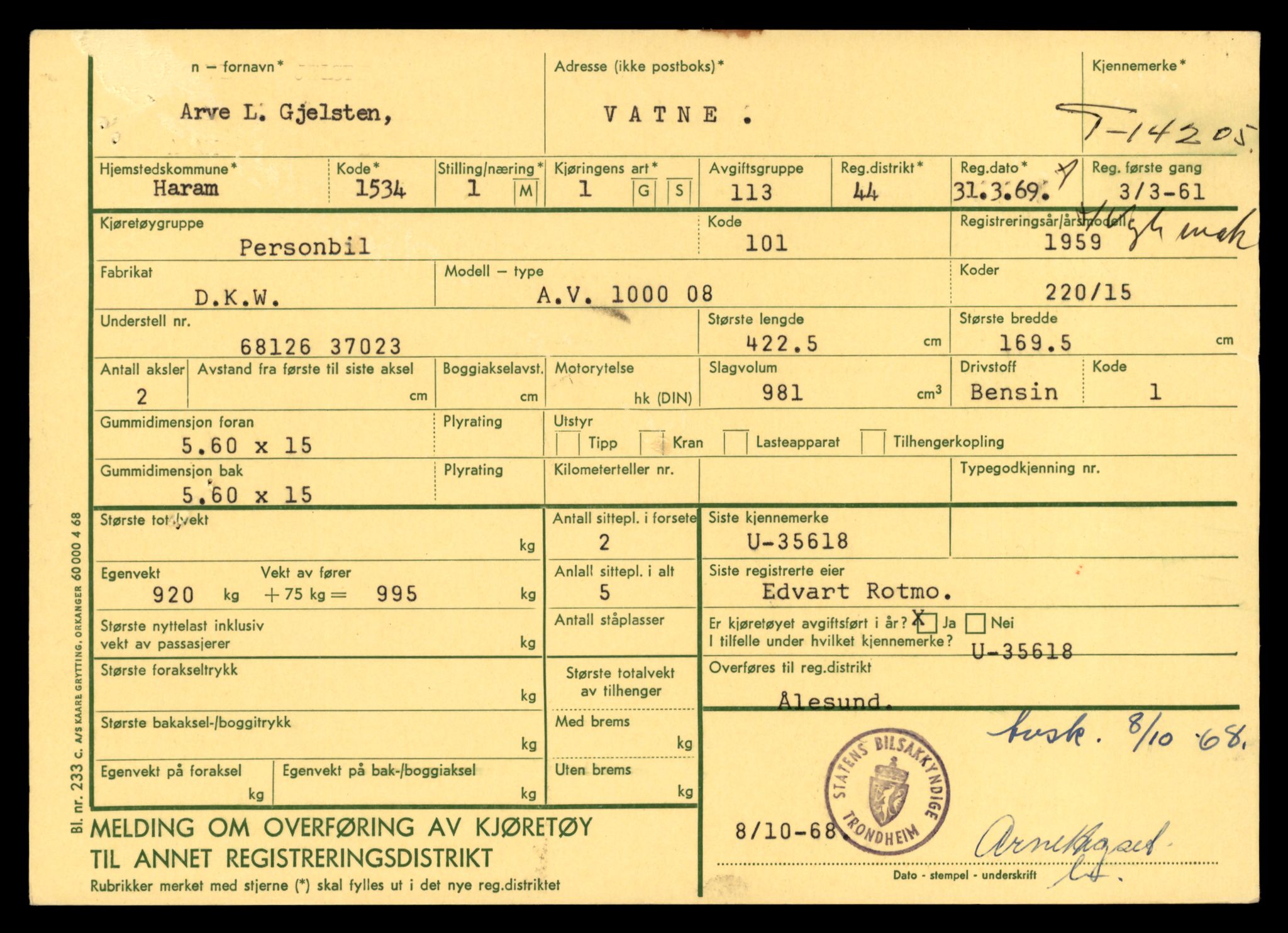 Møre og Romsdal vegkontor - Ålesund trafikkstasjon, AV/SAT-A-4099/F/Fe/L0044: Registreringskort for kjøretøy T 14205 - T 14319, 1927-1998, p. 3