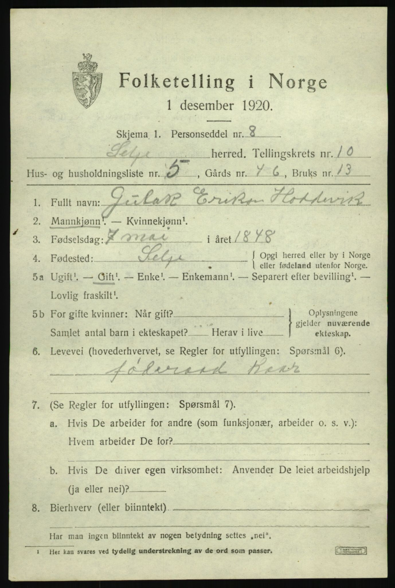 SAB, 1920 census for Selje, 1920, p. 4629