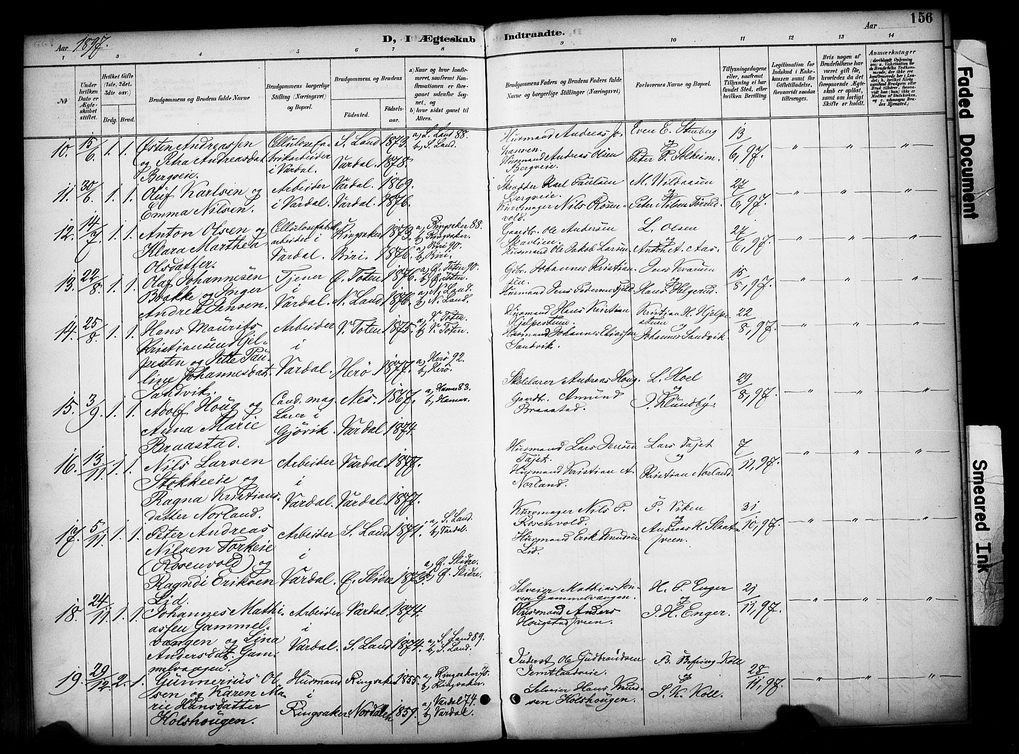 Vardal prestekontor, SAH/PREST-100/H/Ha/Haa/L0012: Parish register (official) no. 12, 1893-1904, p. 156