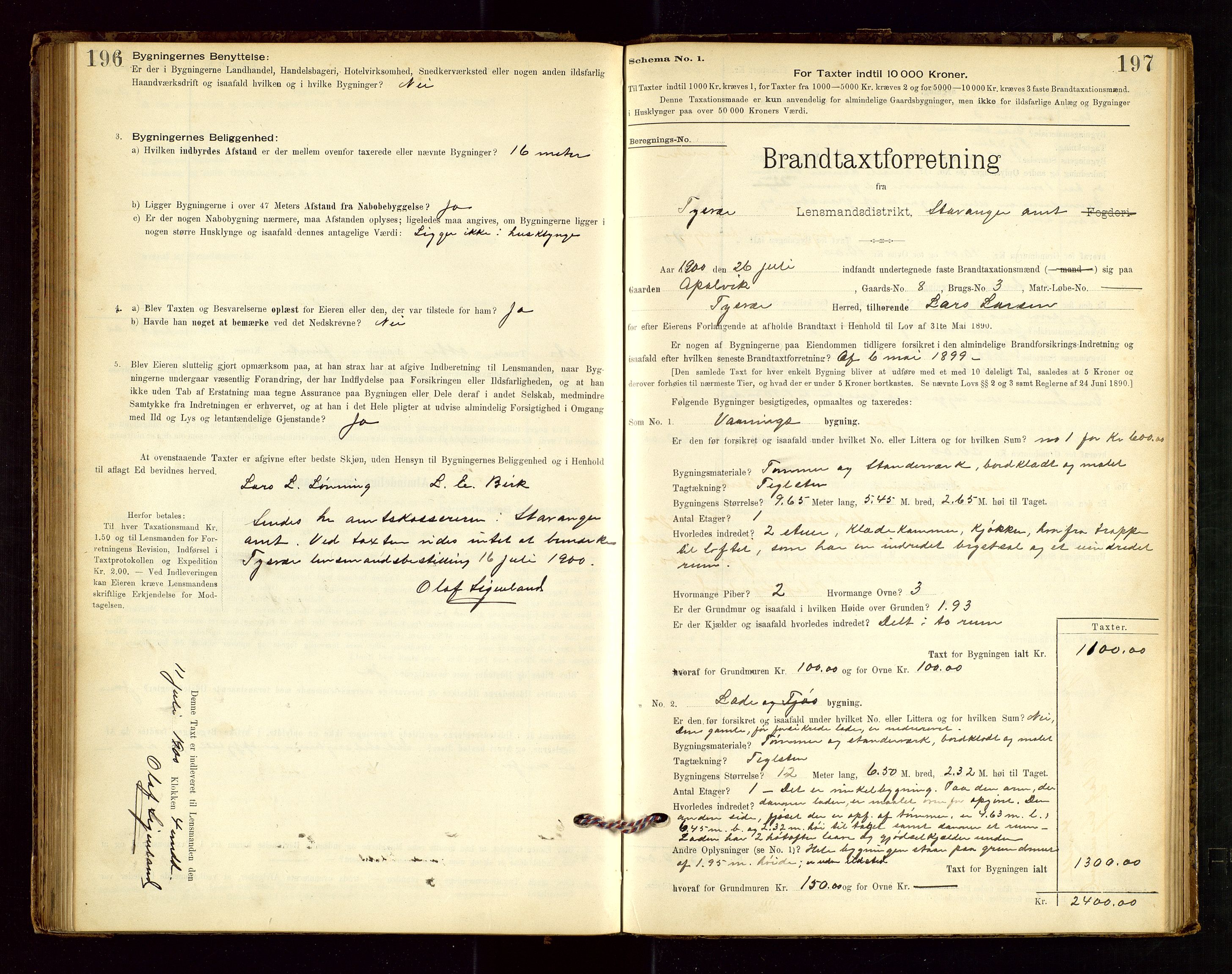 Tysvær lensmannskontor, AV/SAST-A-100192/Gob/L0001: "Brandtaxationsprotokol for Tysvær Lensmandsdistrikt Ryfylke Fogderi", 1894-1916, p. 196-197