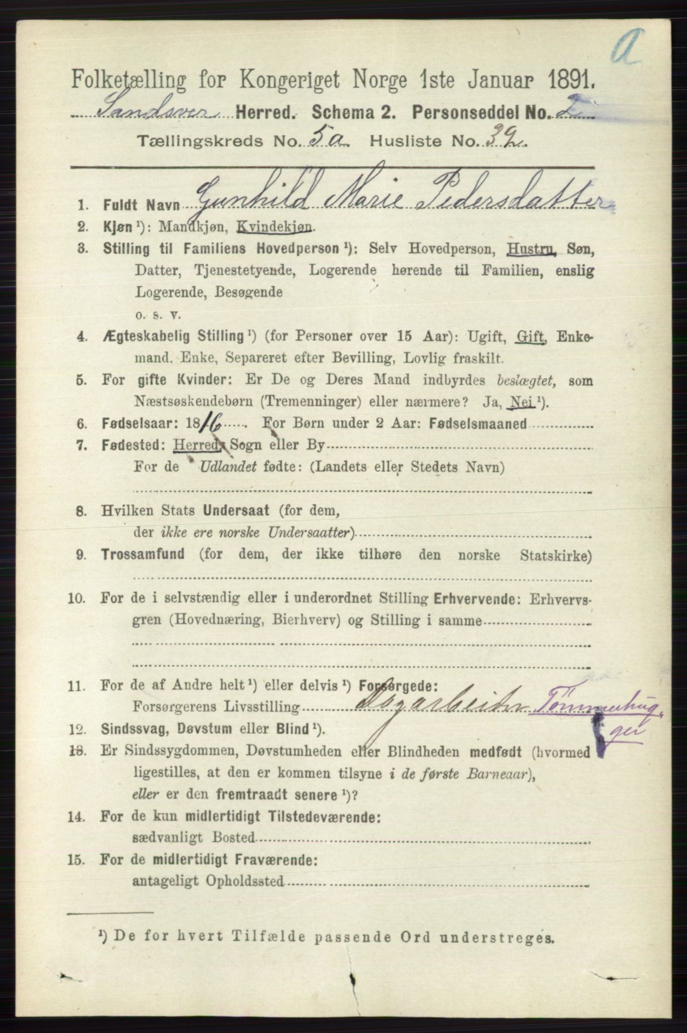 RA, 1891 census for 0629 Sandsvær, 1891, p. 2674