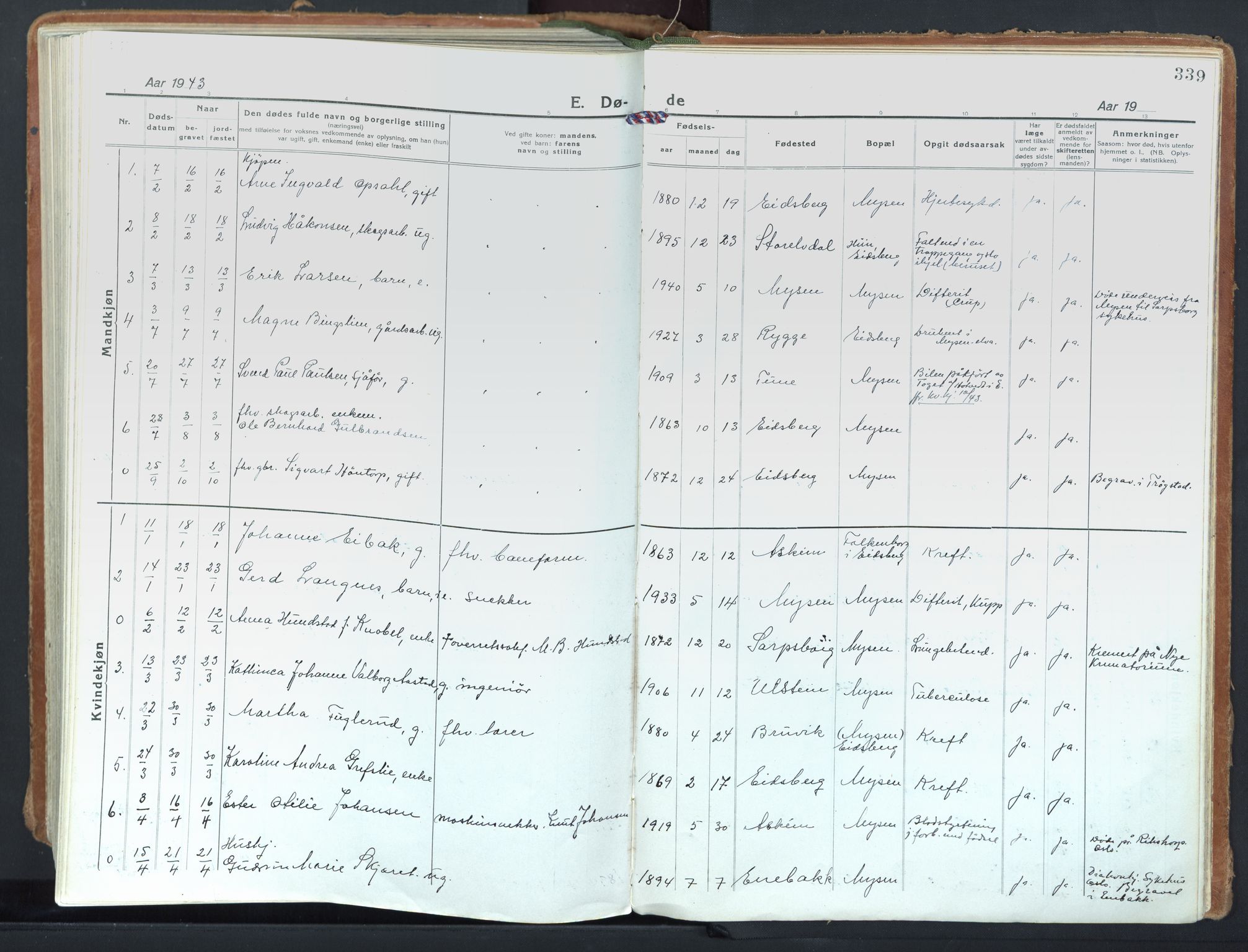 Eidsberg prestekontor Kirkebøker, SAO/A-10905/F/Fd/L0001: Parish register (official) no. IV 1, 1921-1948, p. 339