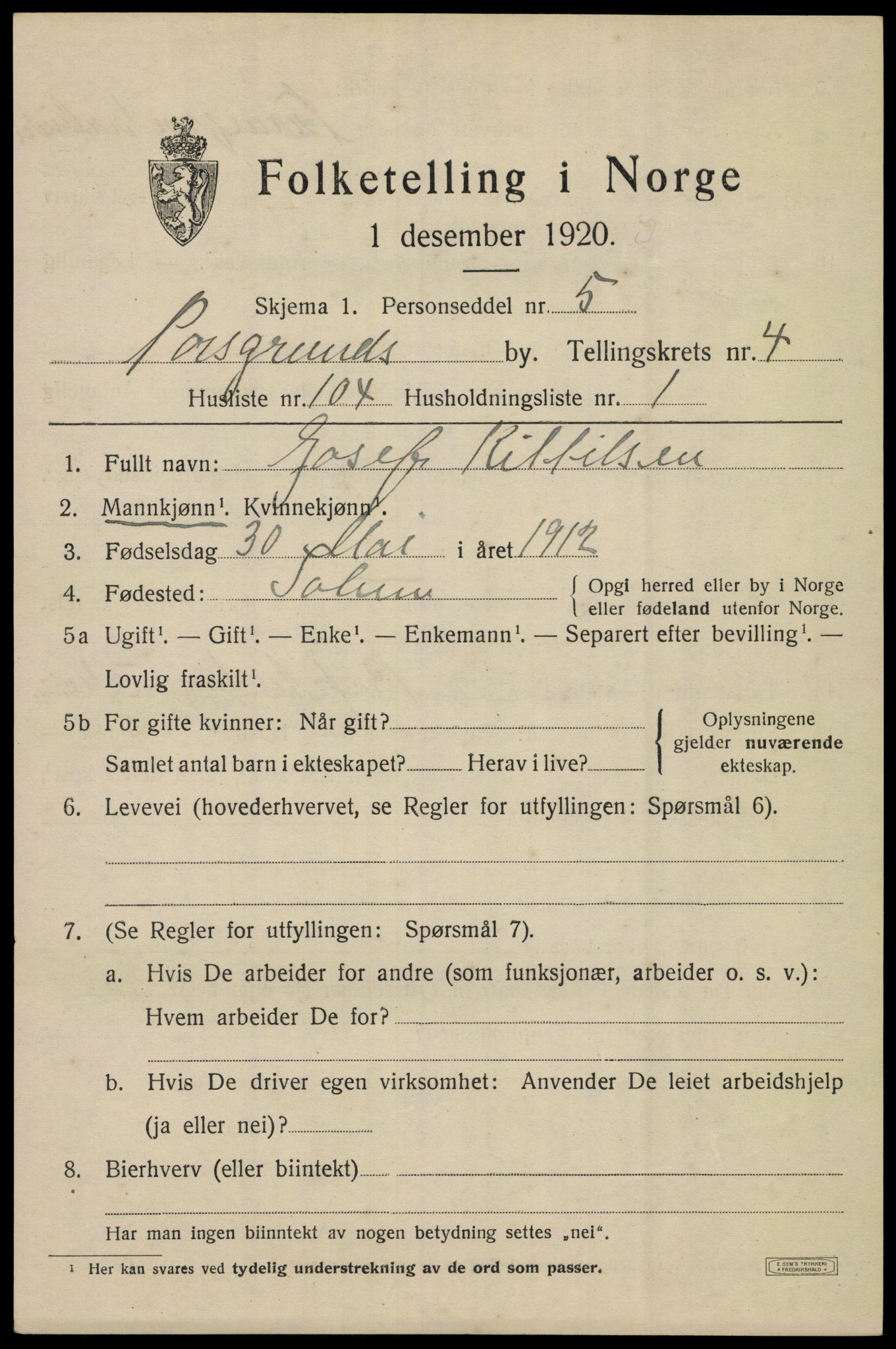 SAKO, 1920 census for Porsgrunn, 1920, p. 19919