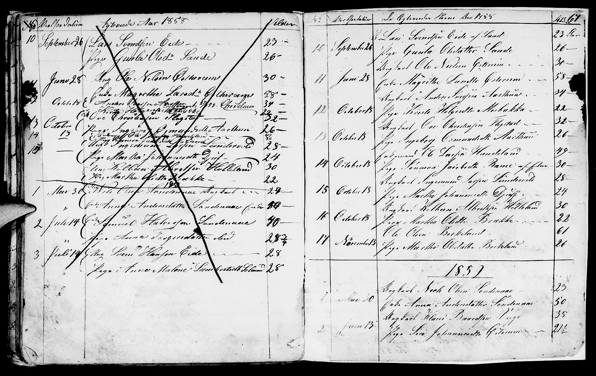 Sand sokneprestkontor, AV/SAST-A-101848/01/IV/L0001: Parish register (copy) no. B 1, 1848-1865, p. 67