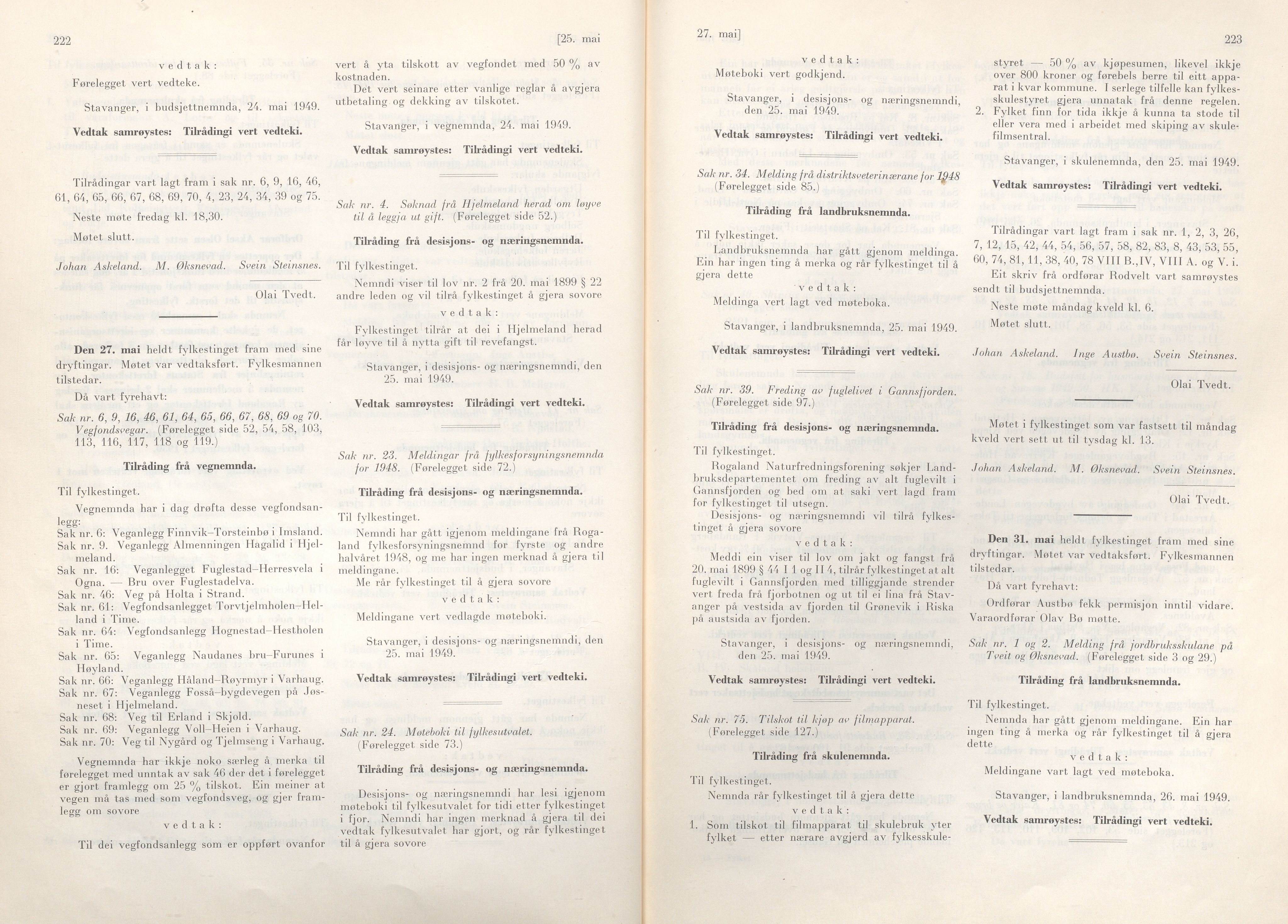 Rogaland fylkeskommune - Fylkesrådmannen , IKAR/A-900/A/Aa/Aaa/L0068: Møtebok , 1949, p. 222-223