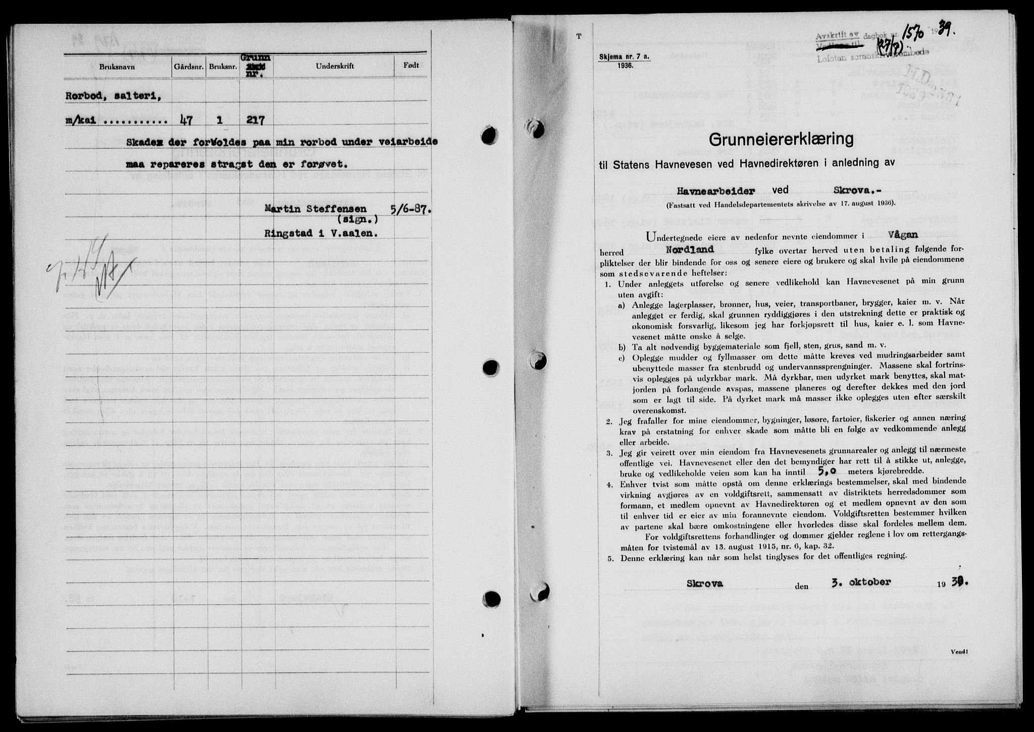 Lofoten sorenskriveri, SAT/A-0017/1/2/2C/L0006a: Mortgage book no. 6a, 1939-1939, Diary no: : 1570/1939