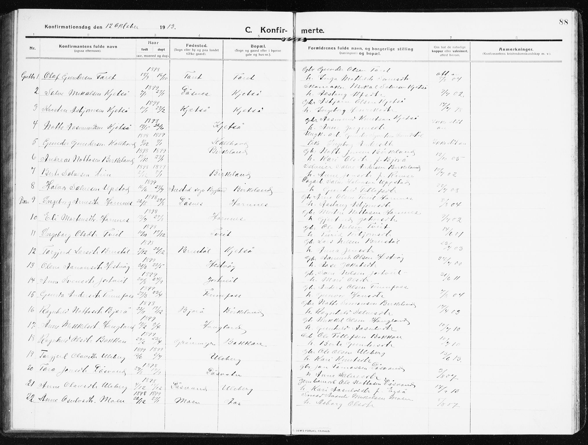 Evje sokneprestkontor, SAK/1111-0008/F/Fb/Fbb/L0003: Parish register (copy) no. B 3, 1910-1933, p. 88