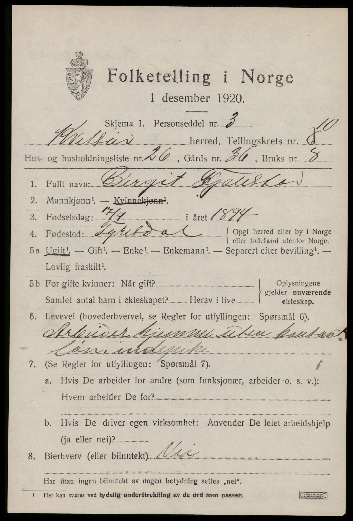 SAKO, 1920 census for Kviteseid, 1920, p. 5031