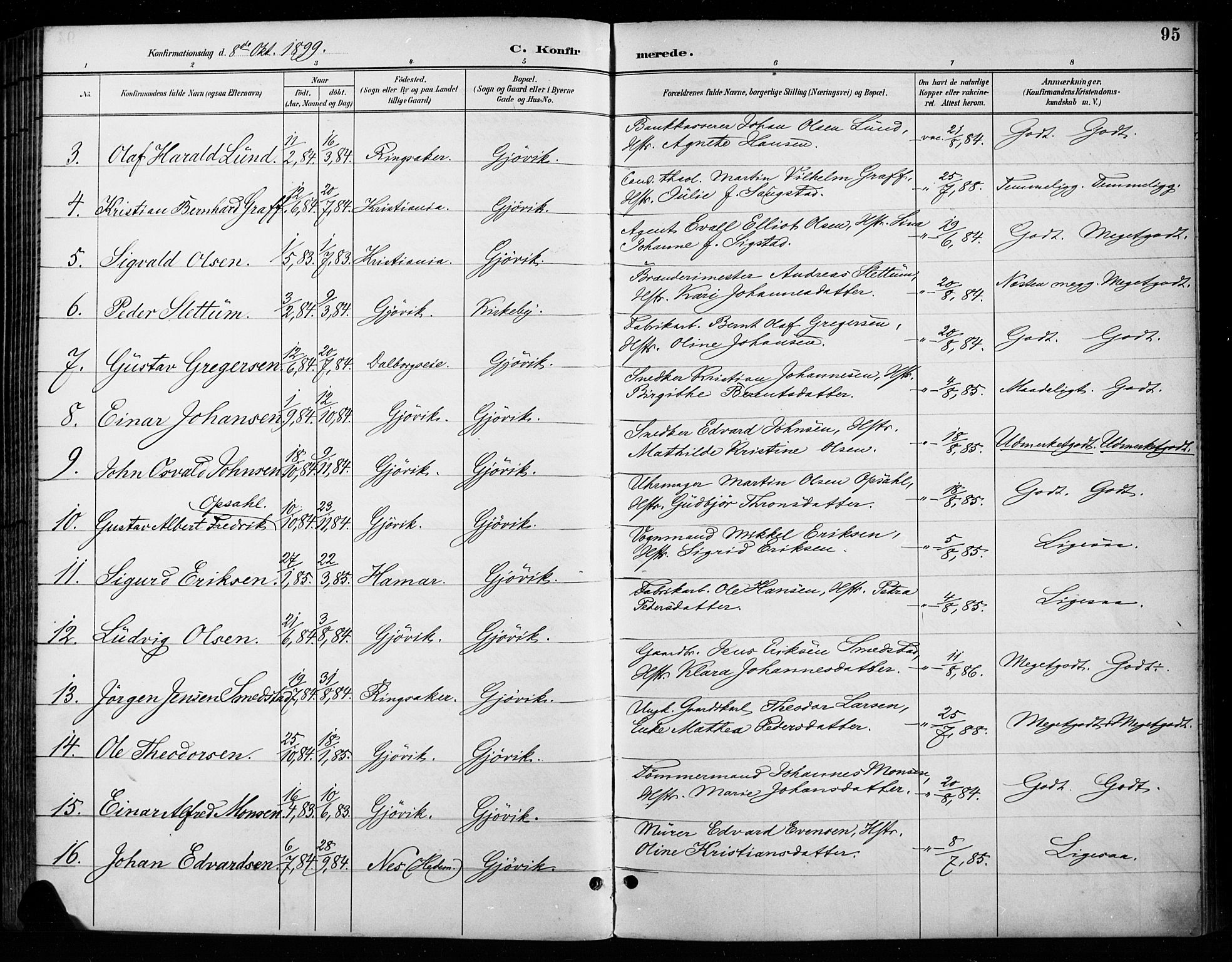 Vardal prestekontor, SAH/PREST-100/H/Ha/Haa/L0011: Parish register (official) no. 11, 1891-1901, p. 95