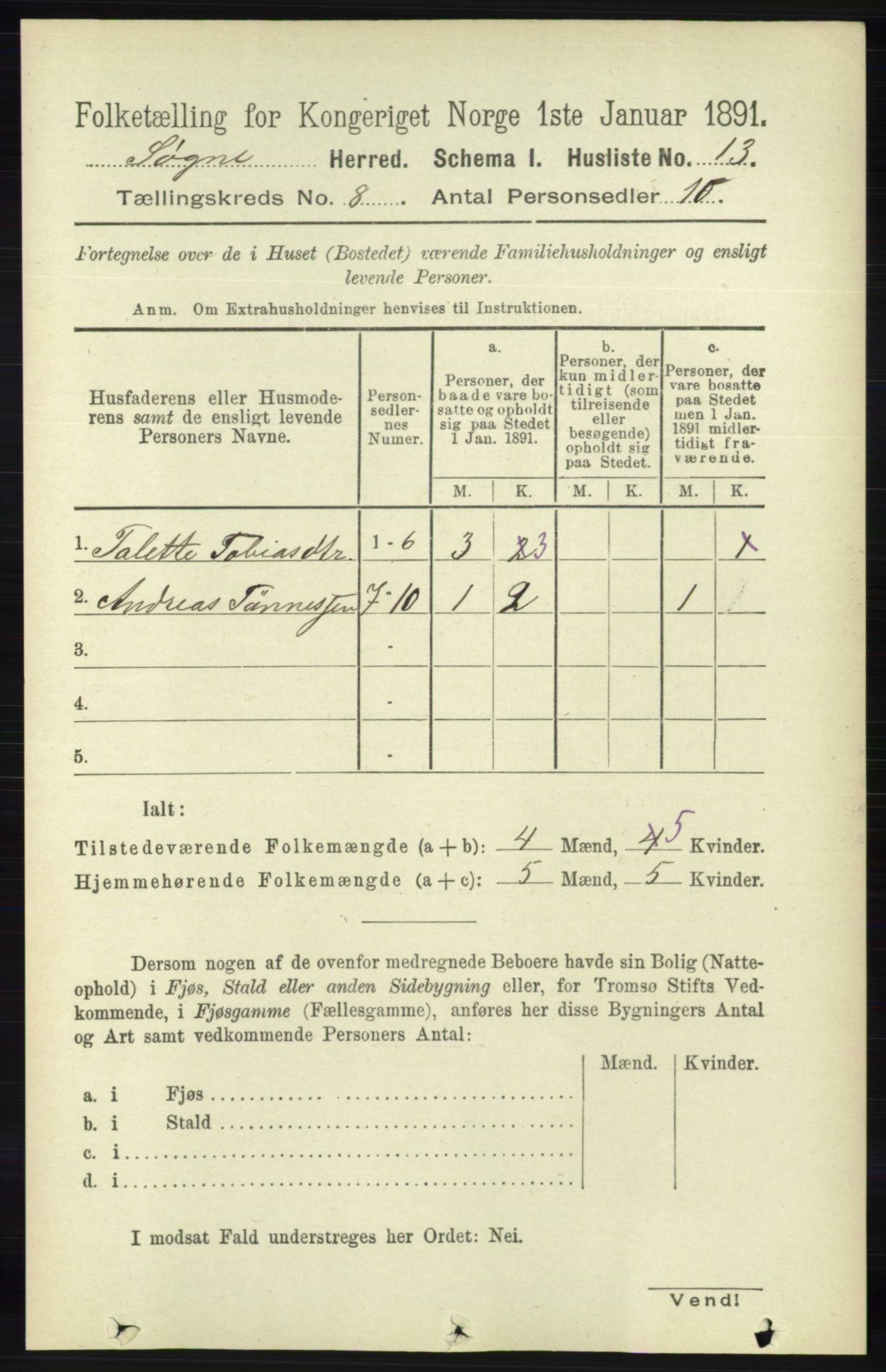 RA, 1891 census for 1018 Søgne, 1891, p. 2180