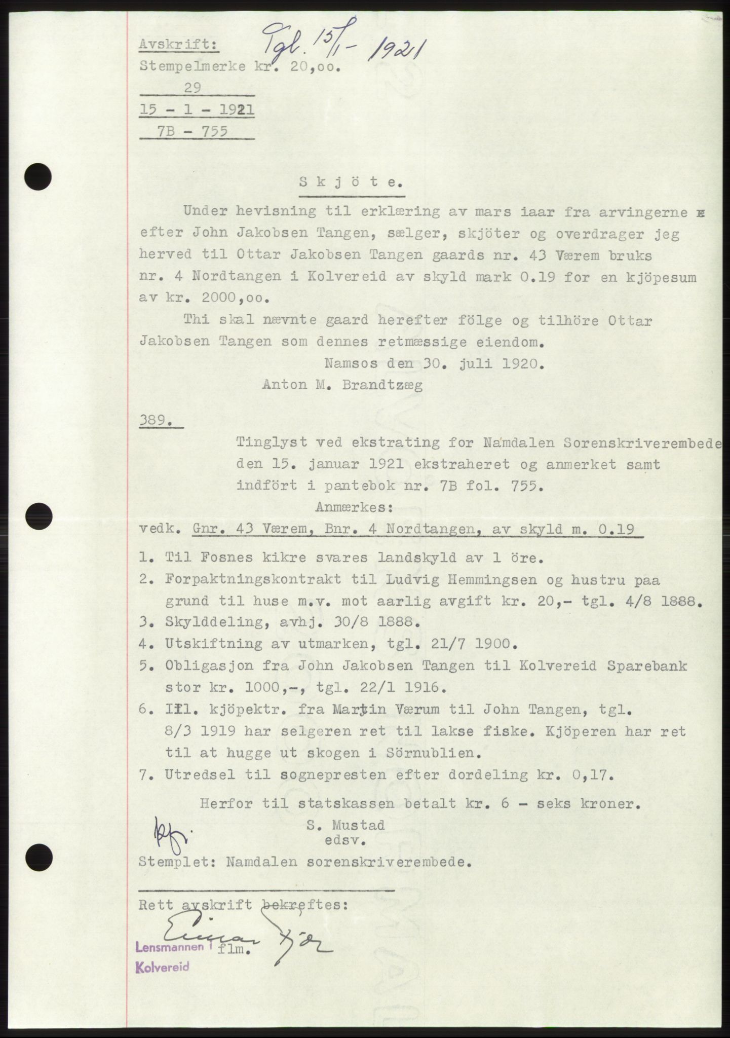 Namdal sorenskriveri, SAT/A-4133/1/2/2C: Mortgage book no. -, 1916-1921, Deed date: 15.01.1921
