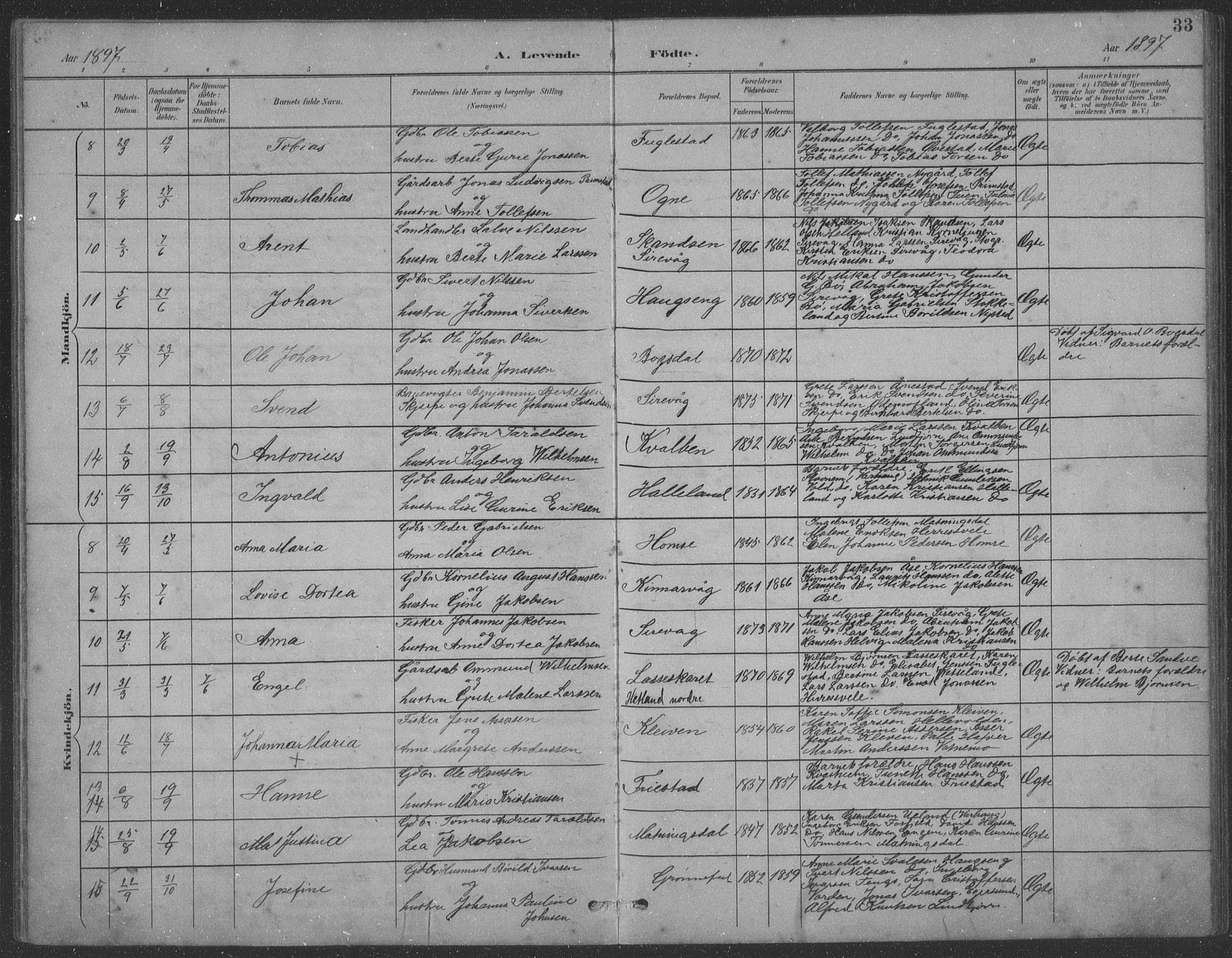 Eigersund sokneprestkontor, AV/SAST-A-101807/S09: Parish register (copy) no. B 21, 1890-1915, p. 33