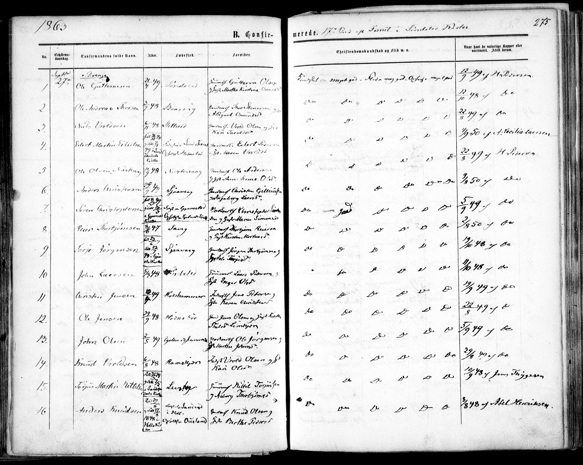 Søndeled sokneprestkontor, AV/SAK-1111-0038/F/Fa/L0003: Parish register (official) no. A 3, 1861-1879, p. 275