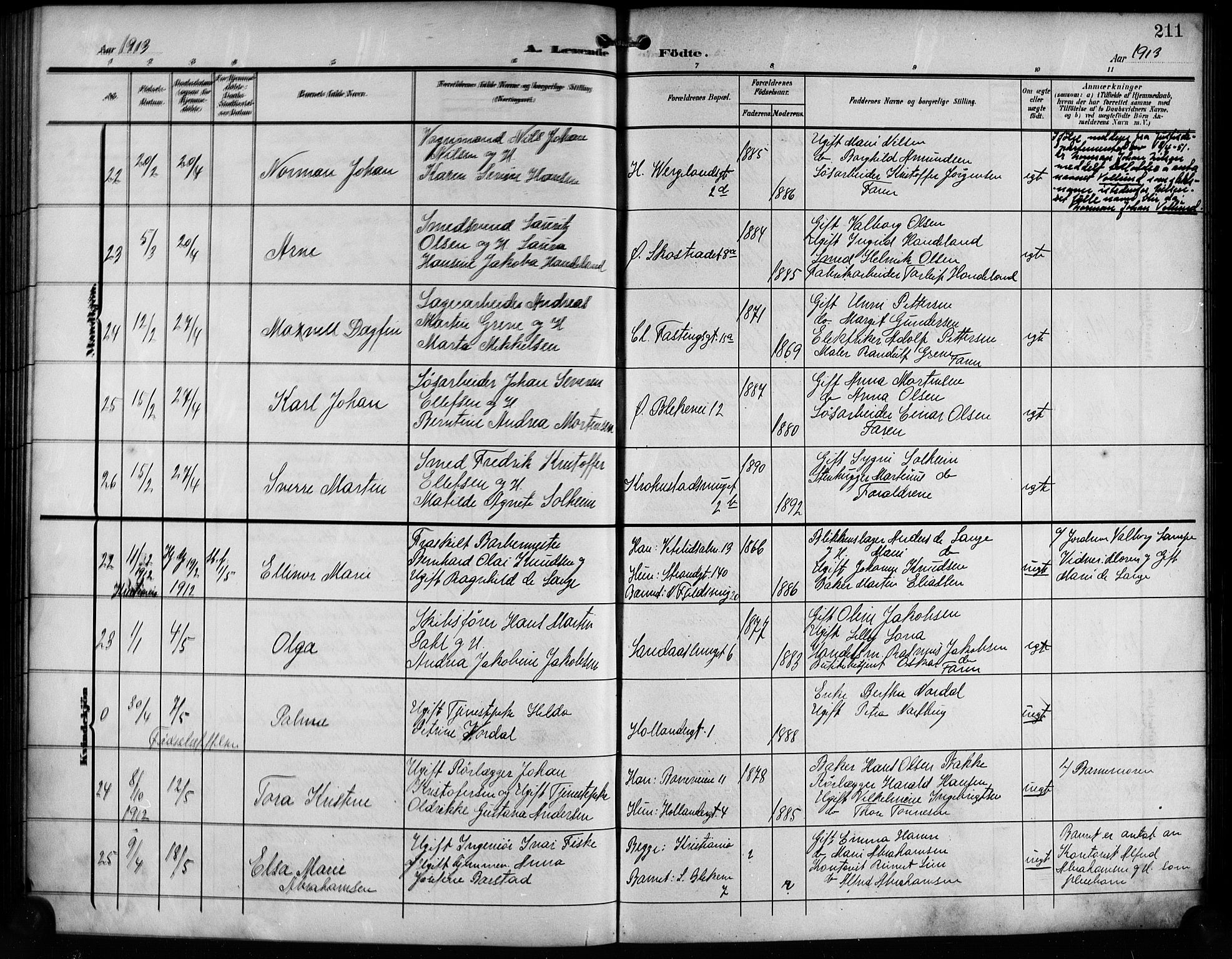 Korskirken sokneprestembete, SAB/A-76101/H/Hab: Parish register (copy) no. B 11, 1905-1916, p. 211